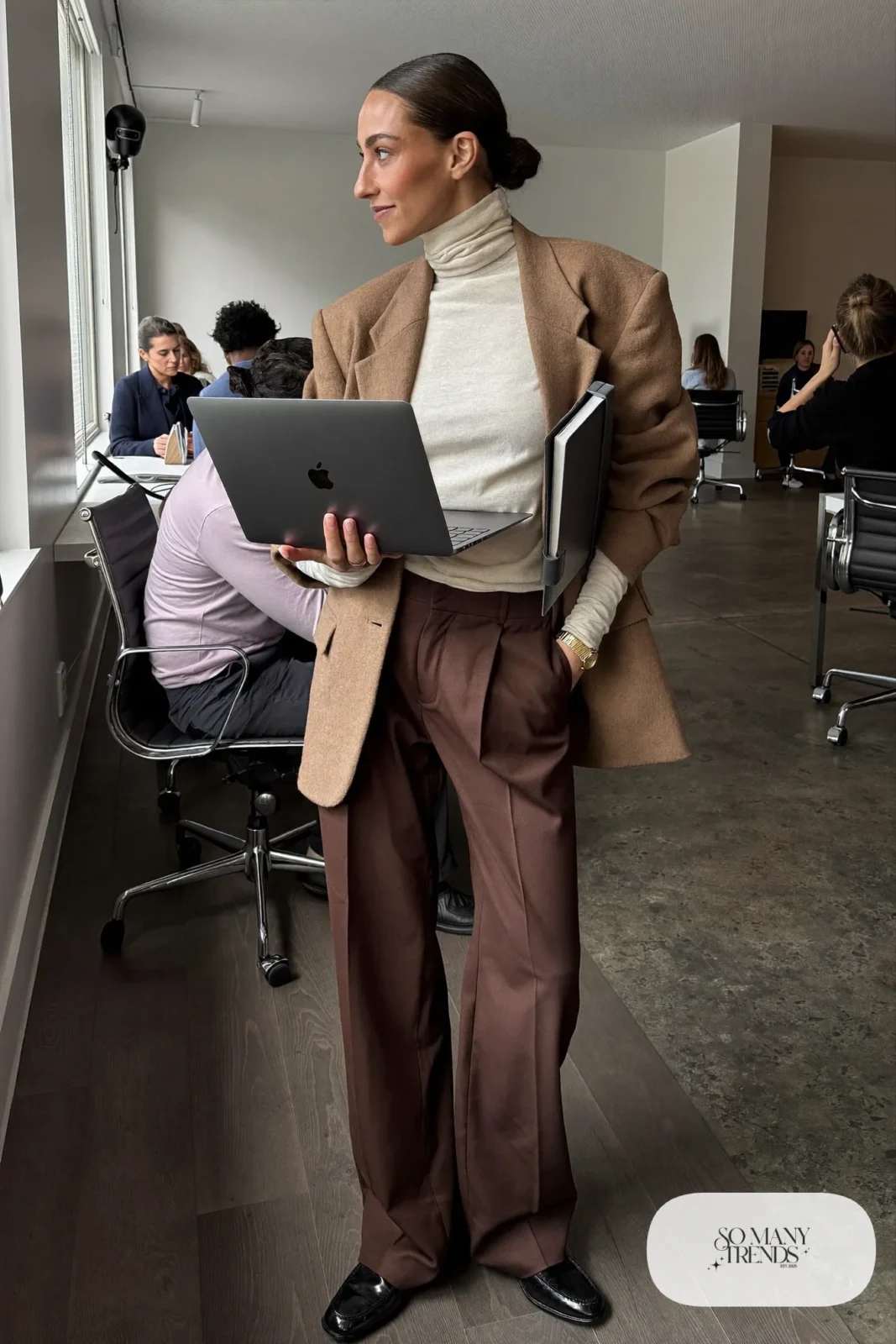 camel oversized blazer cream merino turtleneck chocolate brown wide-leg pants leather loafers outfit 2
