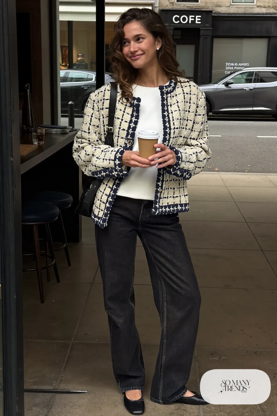boxy cream and navy tweed jacket white tee dark jeans black ballet flats pearl earrings outfit 3