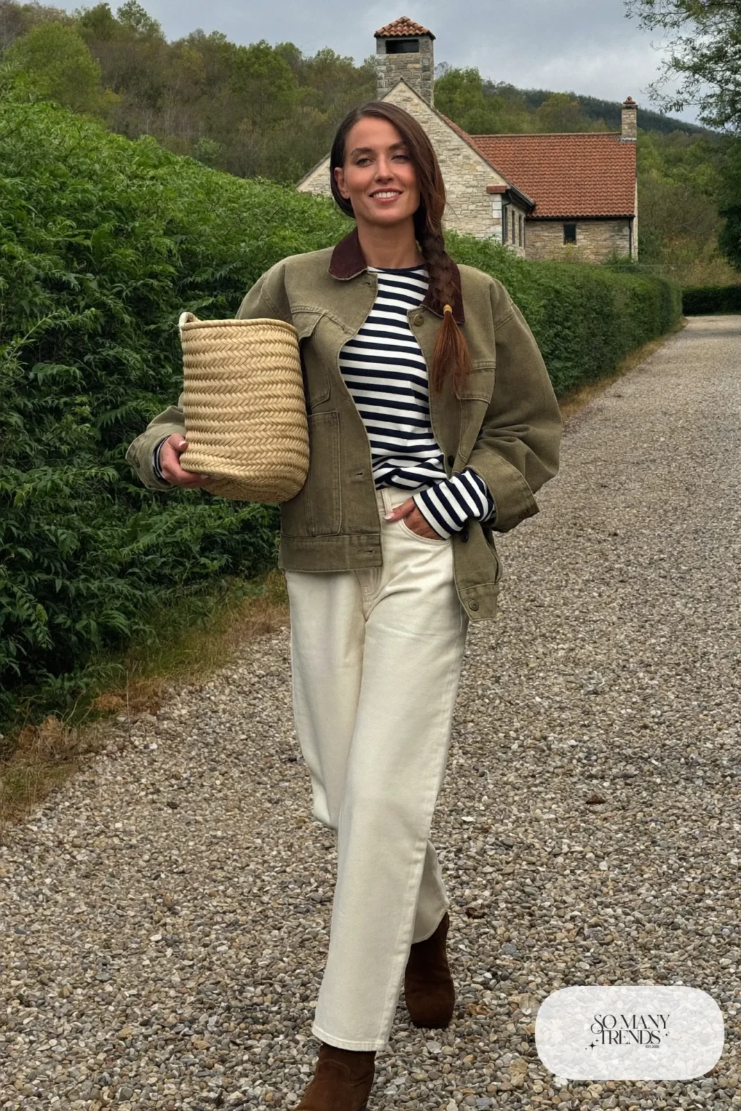olive barn jacket corduroy collar navy white striped tee cream jeans brown suede ankle boots outfit 8