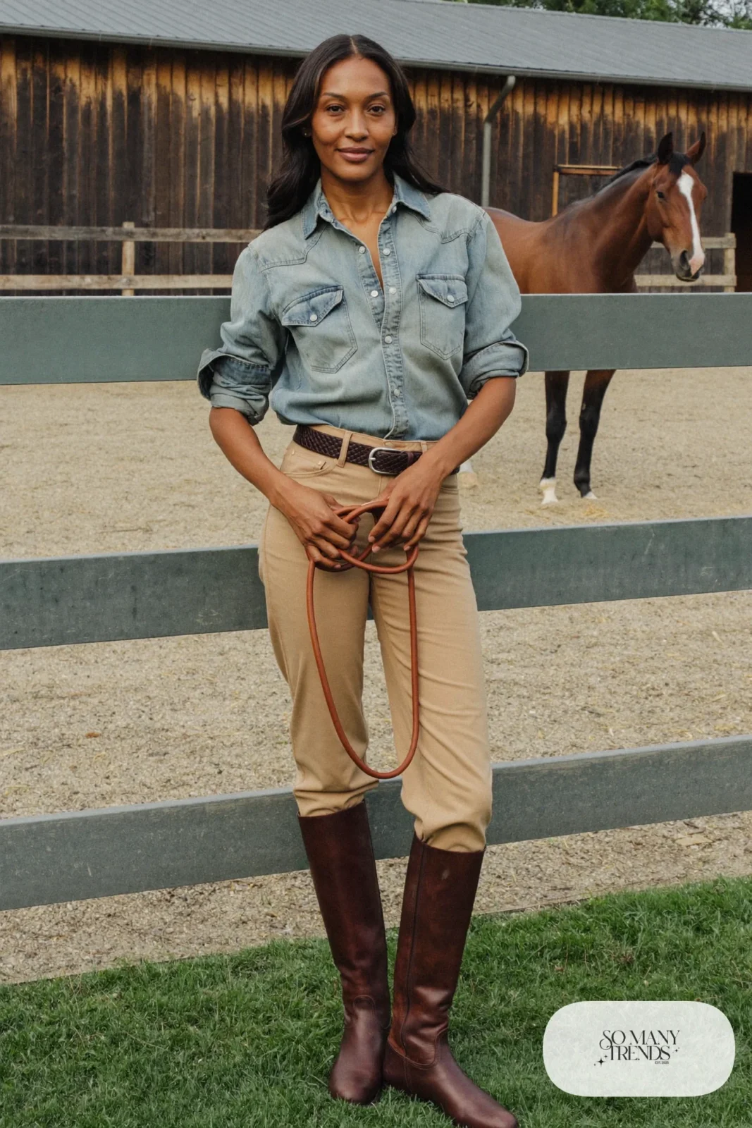 light wash denim shirt camel straight pants woven brown leather belt tall brown leather boots outfit 11
