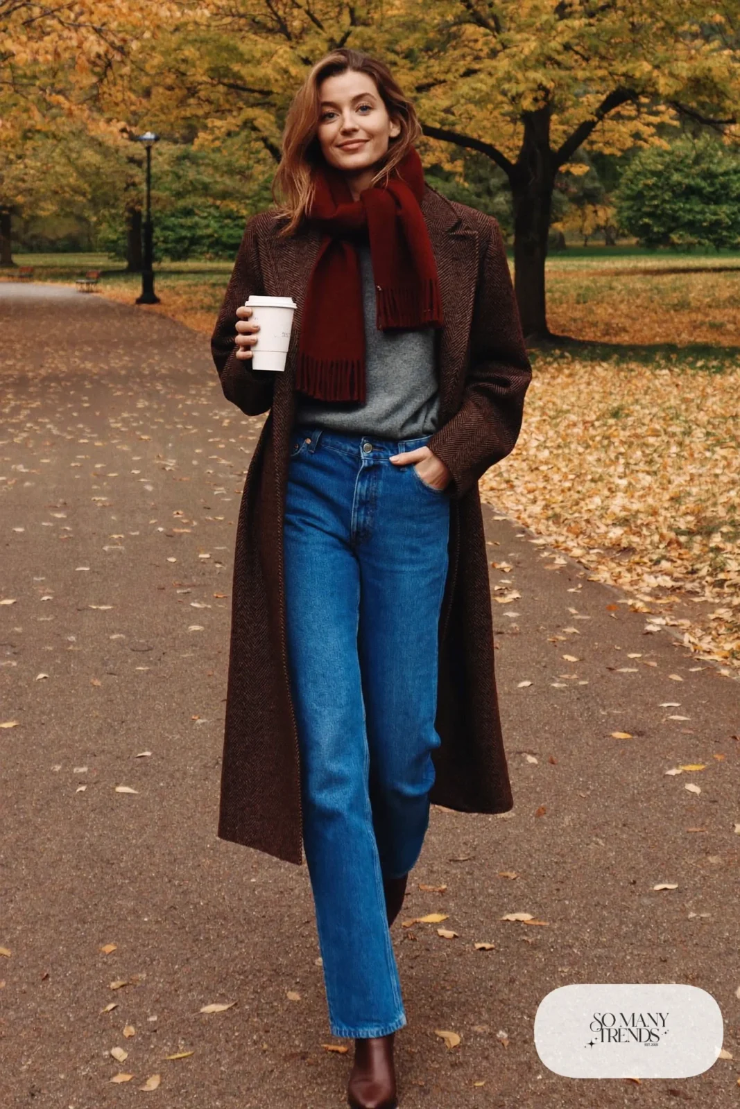 long brown herringbone wool coat burgundy scarf gray sweater straight jeans brown leather boots outfit 16