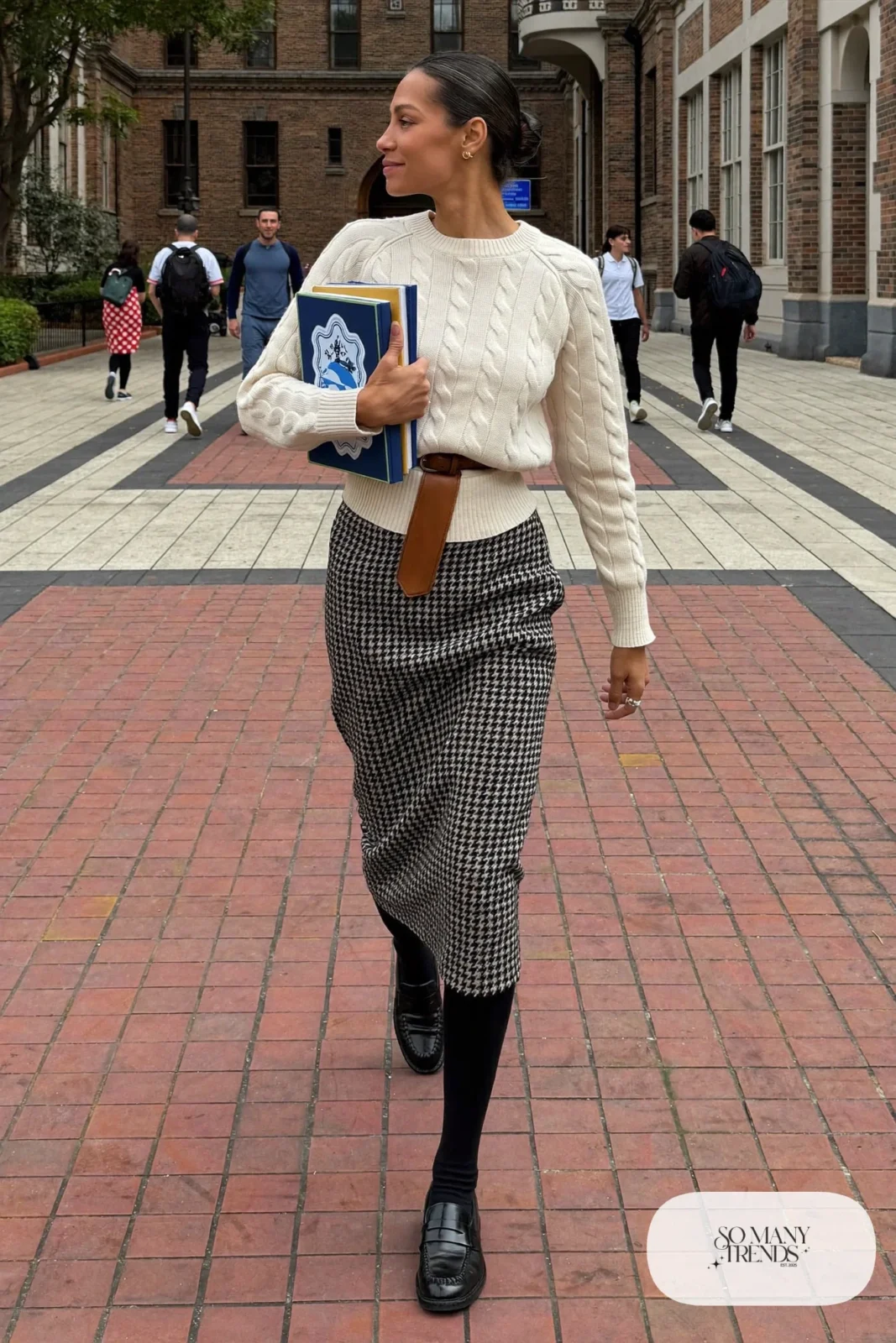 black cream houndstooth midi skirt cream knit sweater camel leather belt opaque black tights loafers outfit 17