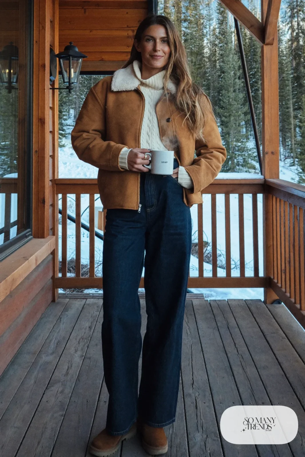 tan suede-look jacket shearling collar cream turtleneck wide-leg dark jeans brown suede boots outfit 19