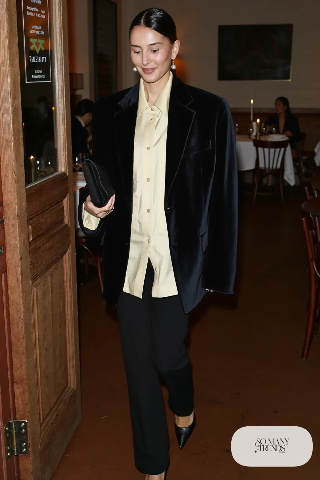 black velvet oversized blazer cream satin blouse black straight pants black pumps pearl drop earrings outfit 21