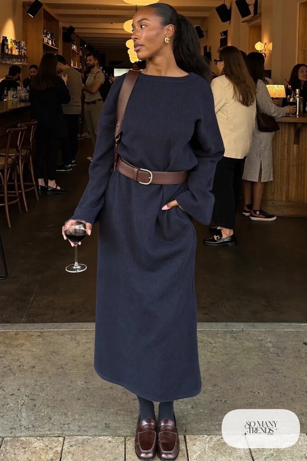 navy fine knit midi dress wide brown leather belt sheer dark tights brown loafers gold hoop earrings outfit 23