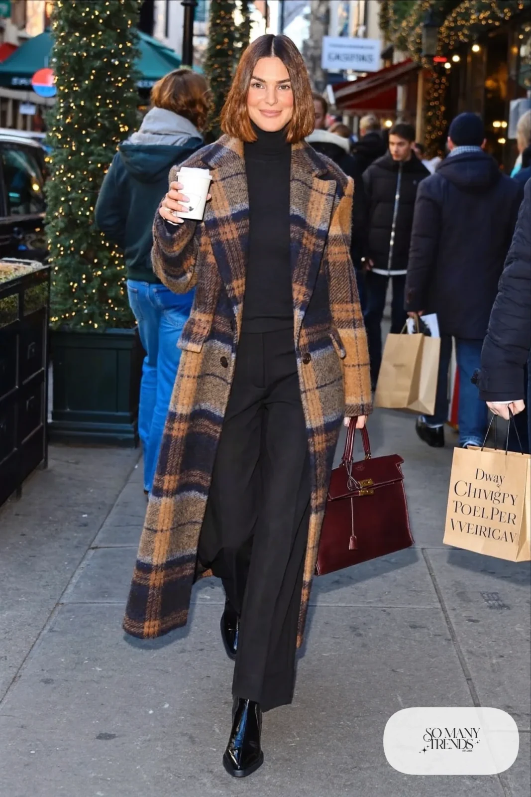 long gray camel plaid wool coat black turtleneck black wide-leg pants burgundy leather bag black ankle boots outfit 30