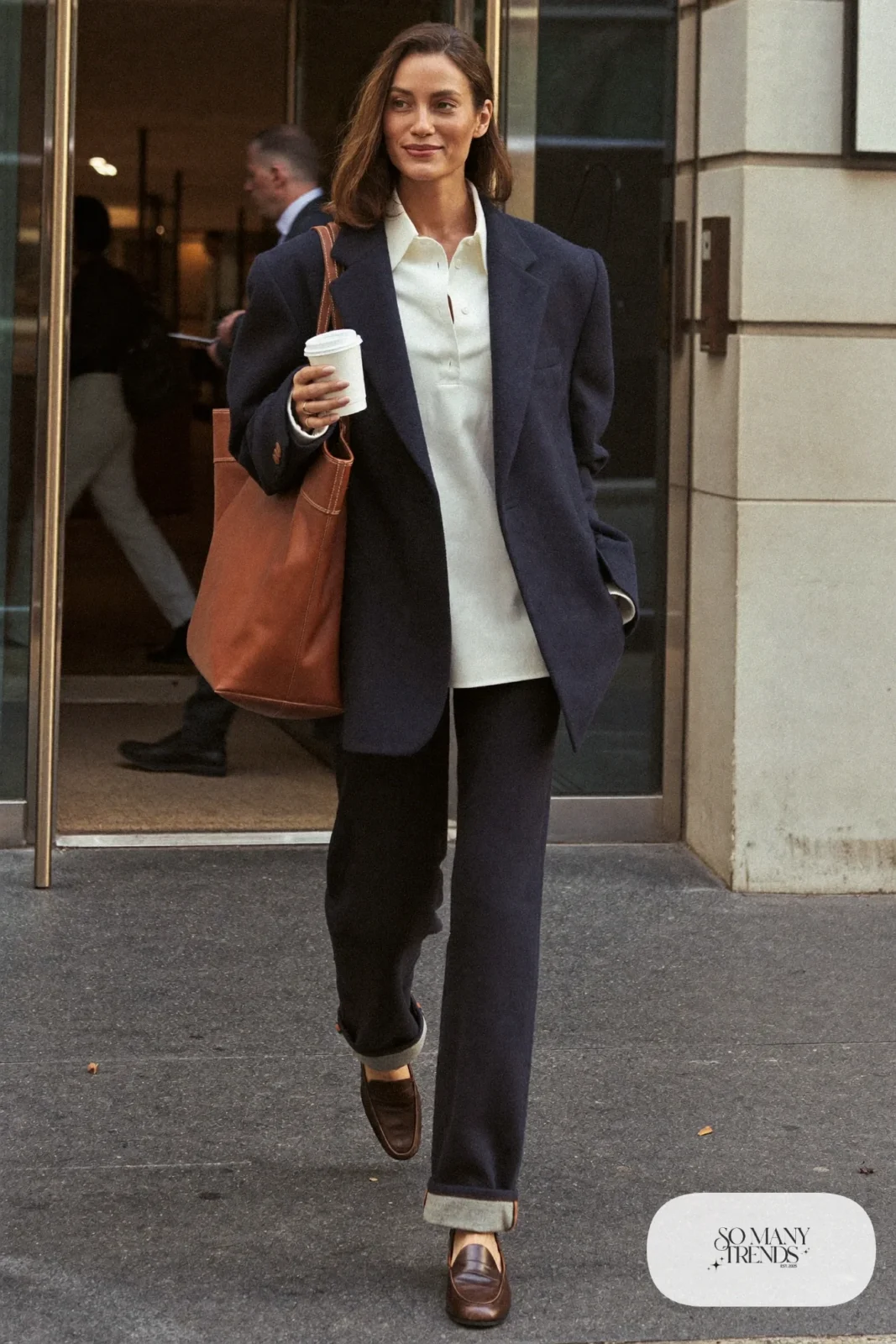 oversized navy blazer white poplin shirt dark straight jeans brown leather loafers outfit 1