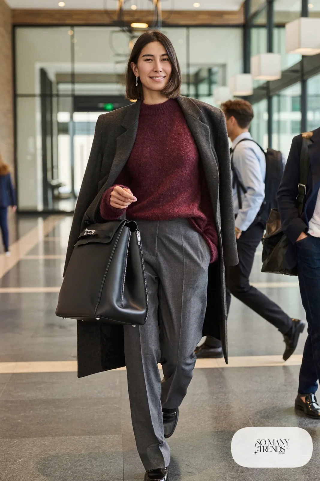 burgundy crewneck sweater gray flannel straight pants charcoal long coat black loafers outfit 4