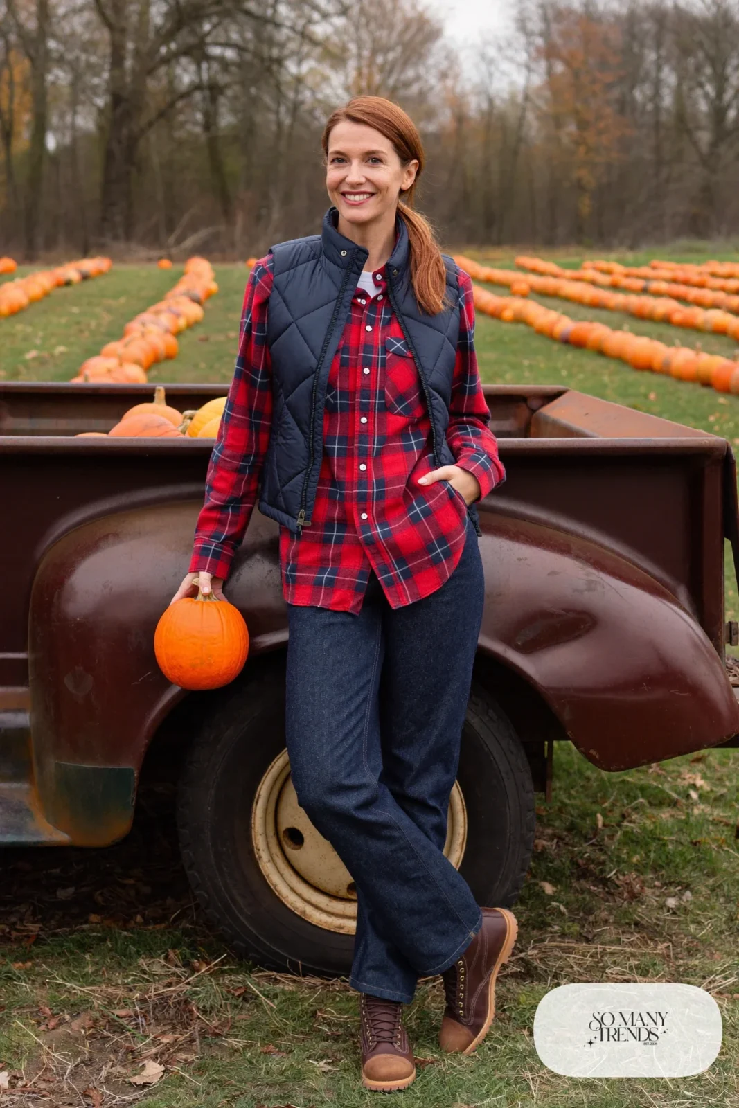navy quilted vest red plaid flannel shirt dark jeans brown leather boots outfit 9