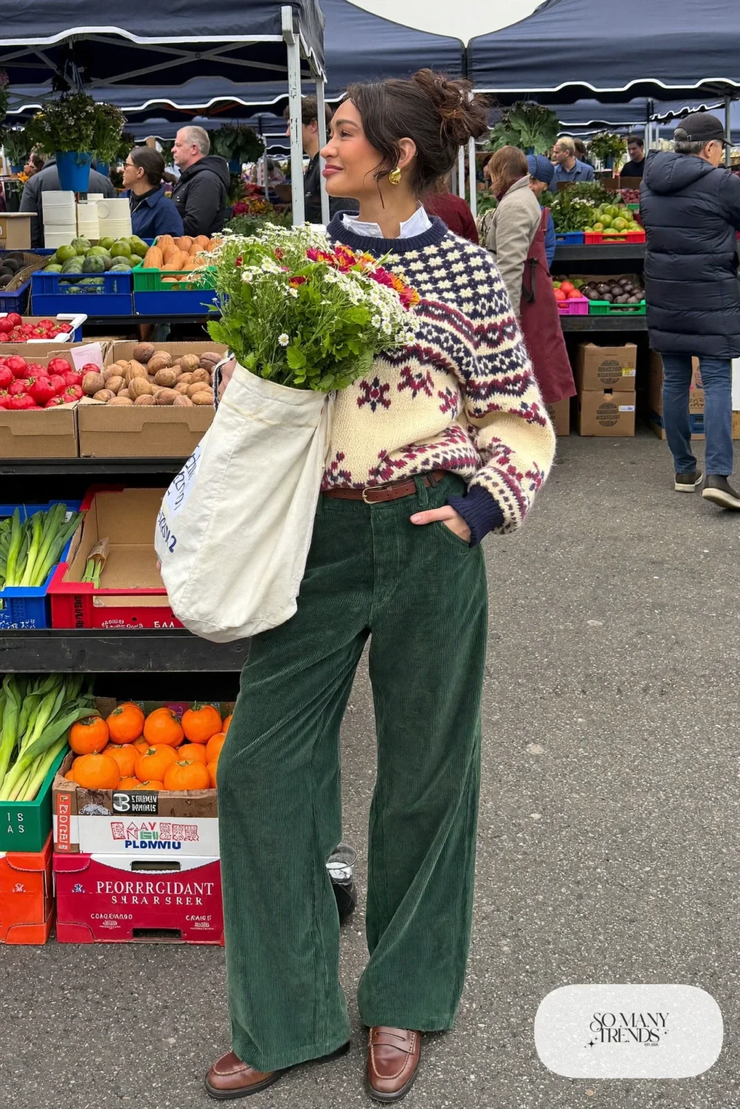 cream and burgundy fair isle sweater forest green wide-leg corduroy pants brown leather belt loafers outfit 10