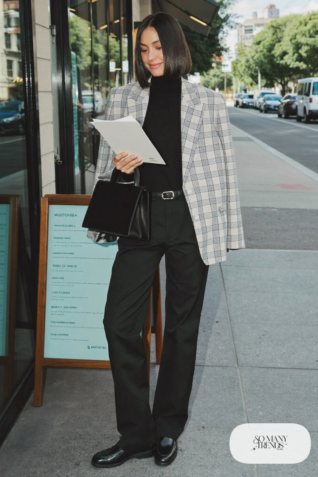 gray cream glen plaid oversized blazer black turtleneck black straight pants black loafers outfit 14