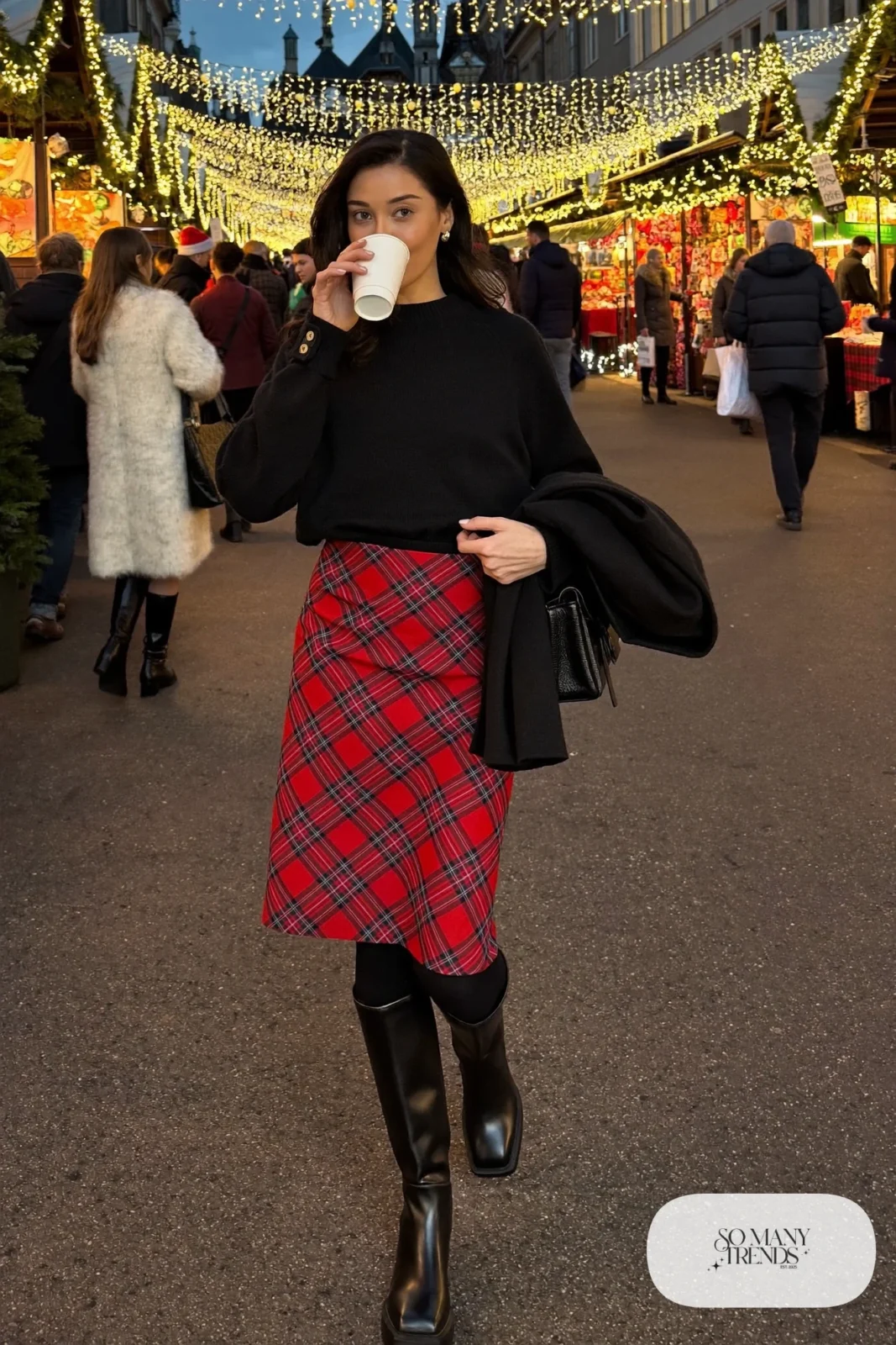 red tartan wool-blend midi skirt black crewneck sweater sheer black tights tall black leather boots outfit 15