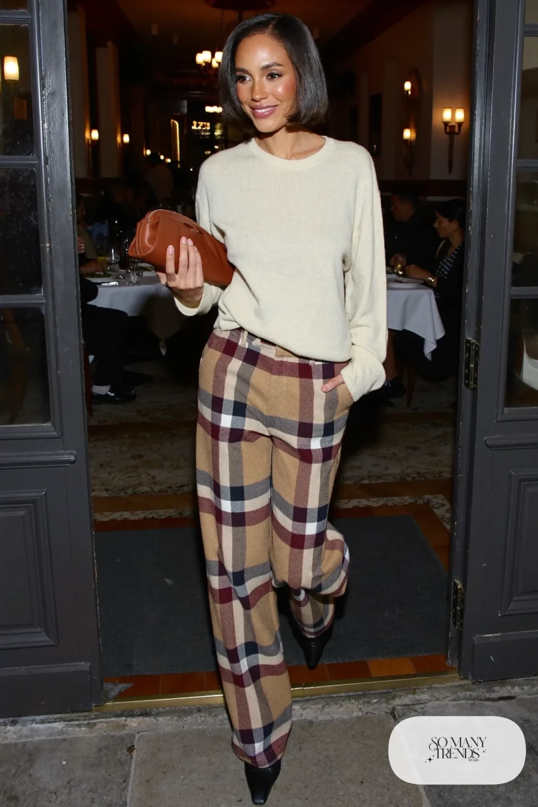 gray camel burgundy plaid wide-leg pants cream soft knit sweater black pointed flats leather clutch outfit 24