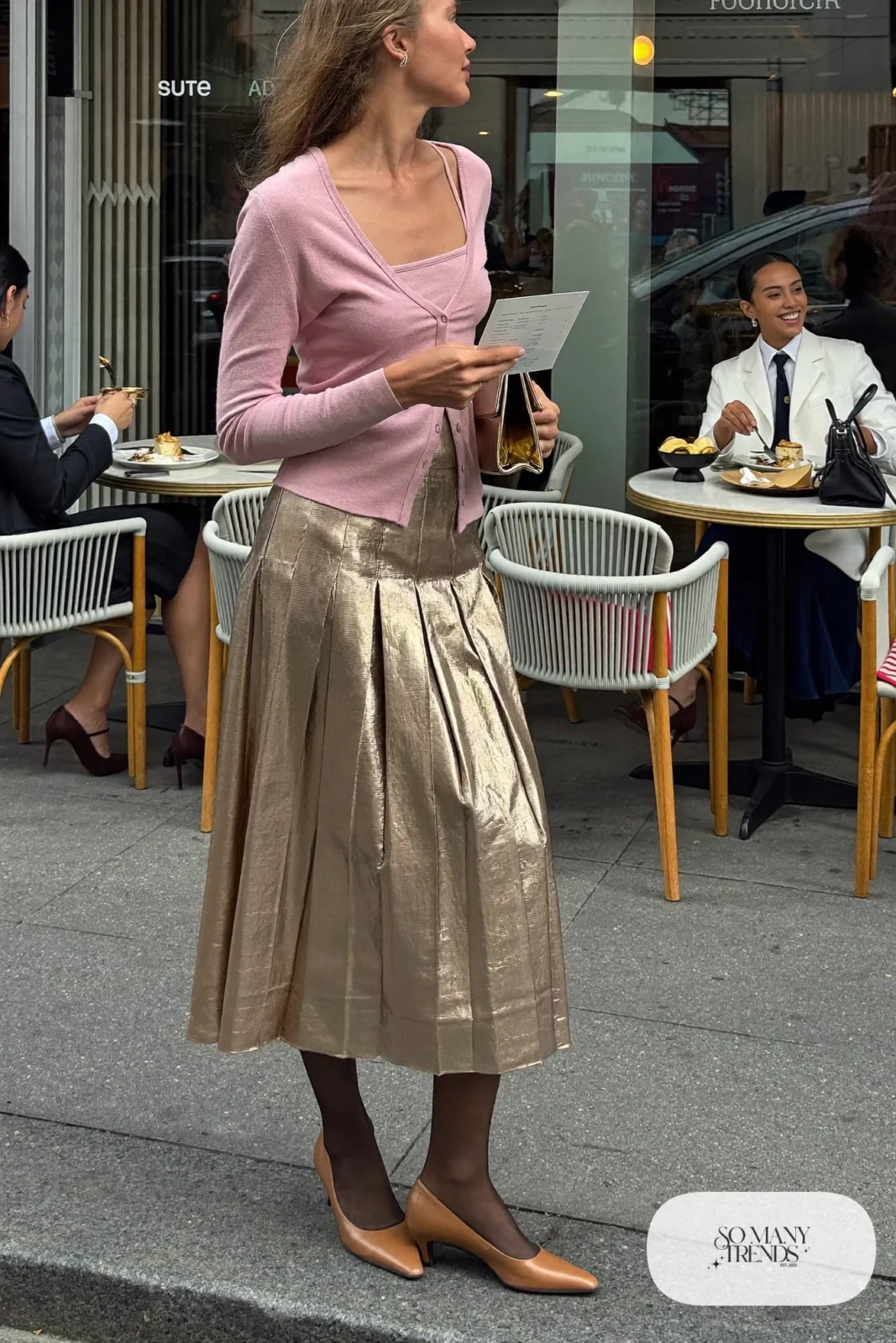 champagne pleated midi skirt cropped pink cardigan kitten heels small clutch outfit 4