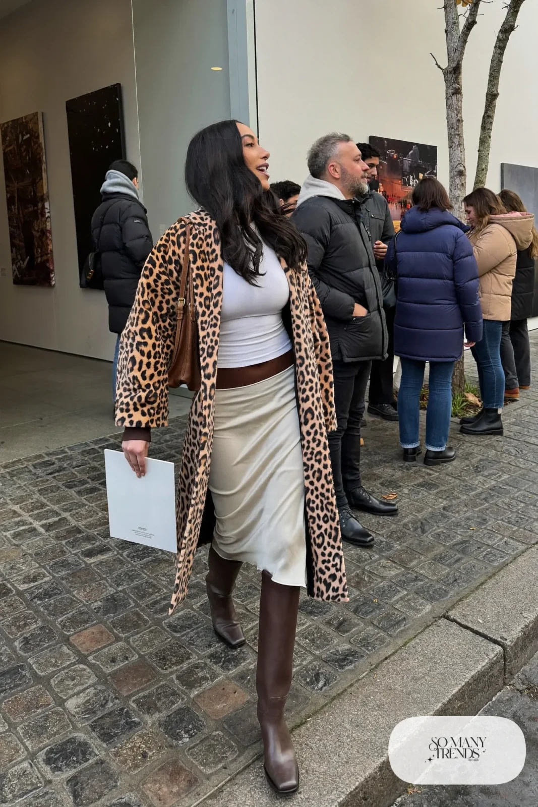 leopard print oversized coat ivory satin slip midi skirt white tee brown boots outfit 6