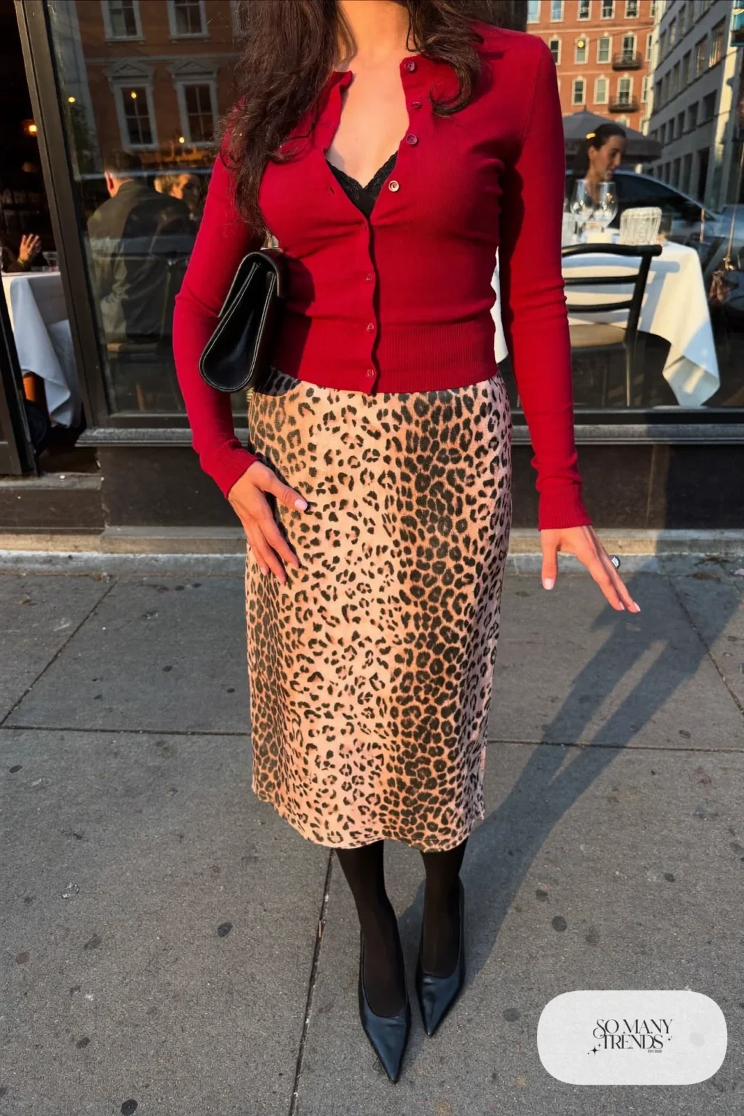 leopard print midi skirt cherry red knit cardigan black pumps black clutch outfit 9