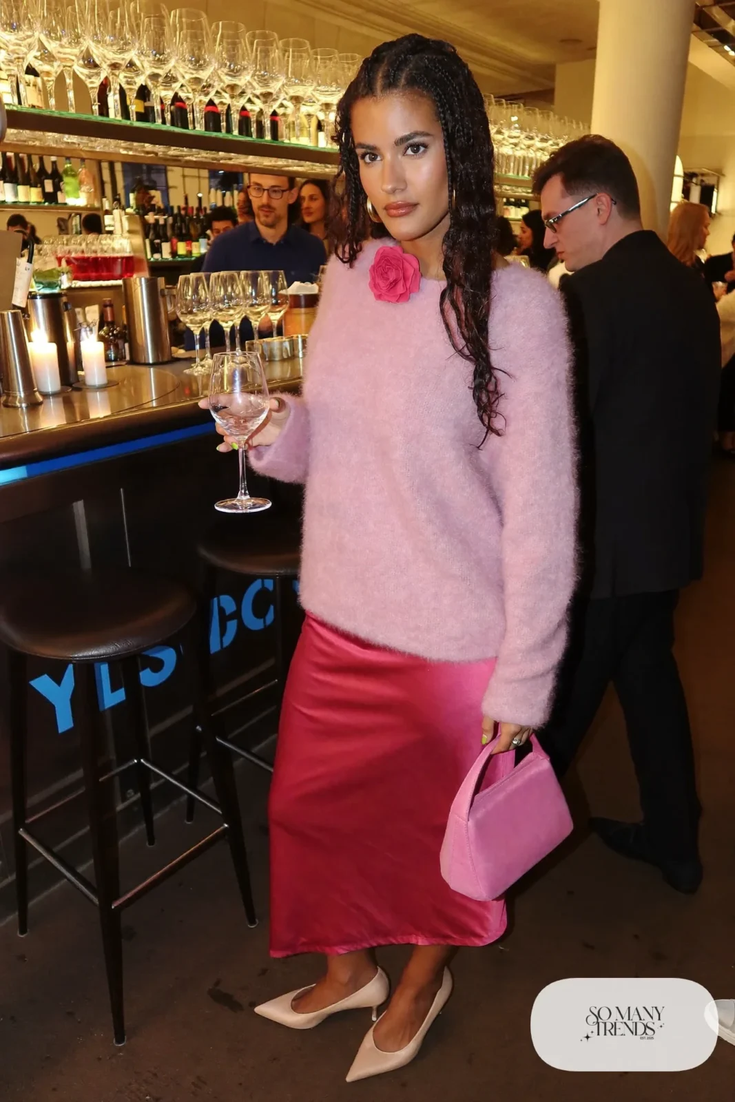 pink fuzzy sweater deep rose satin midi skirt fabric flower brooch nude pumps outfit 10