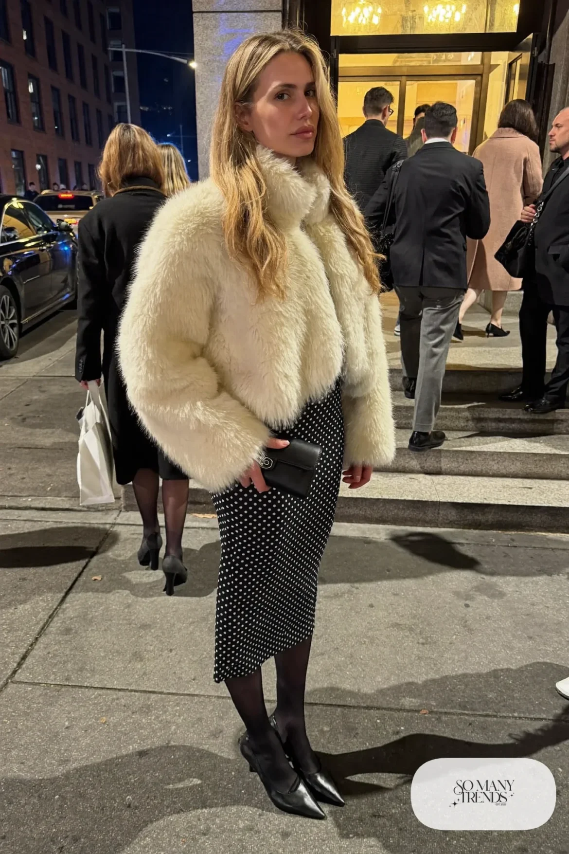 cream cropped faux fur jacket black polka dot midi dress black pumps small clutch outfit 15