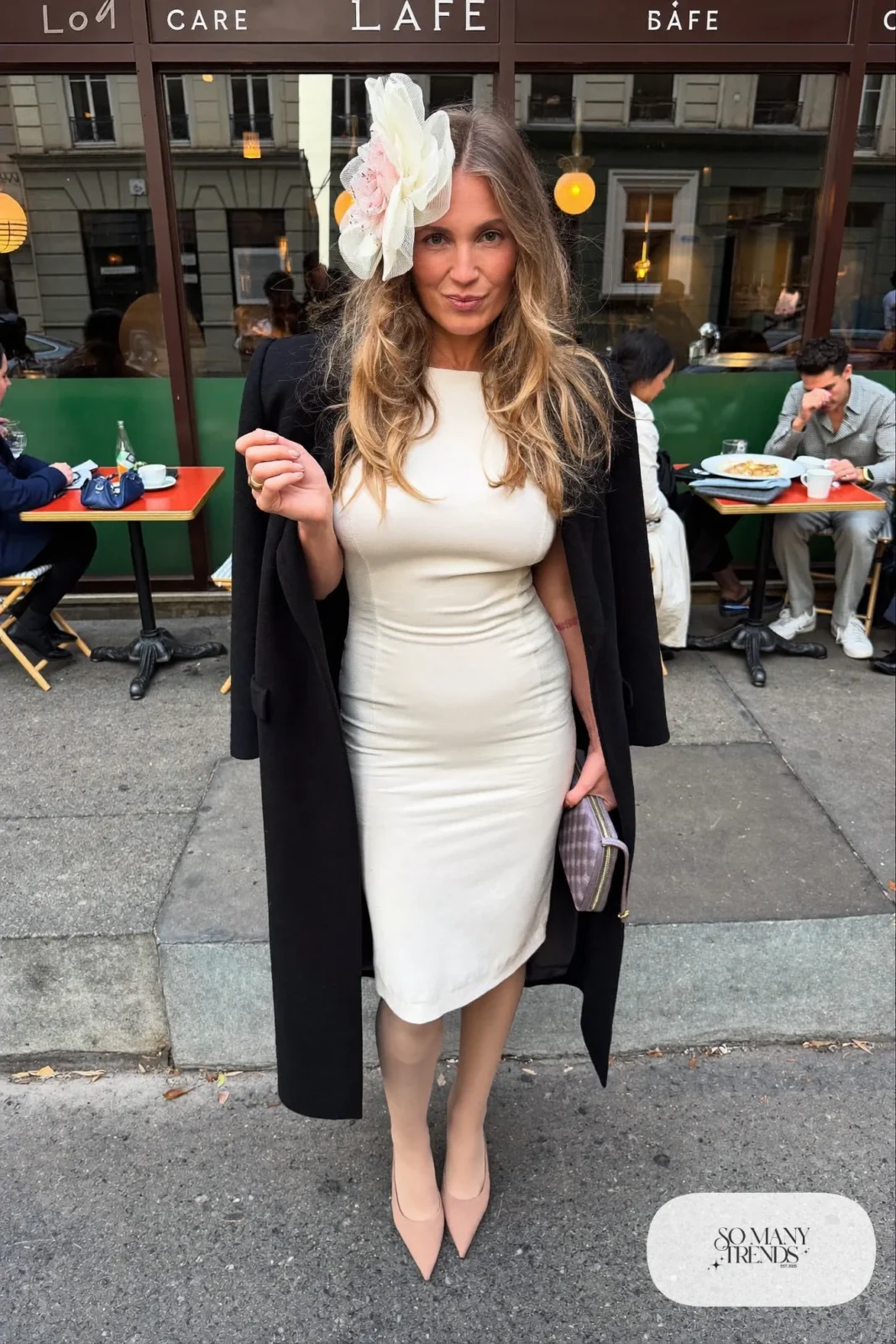 ivory midi dress black tailored coat large fabric flower hair clip nude pumps outfit 23