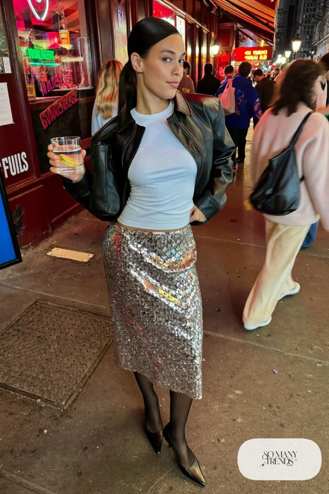 silver sequin midi skirt white tee black leather jacket black pumps black clutch outfit 24
