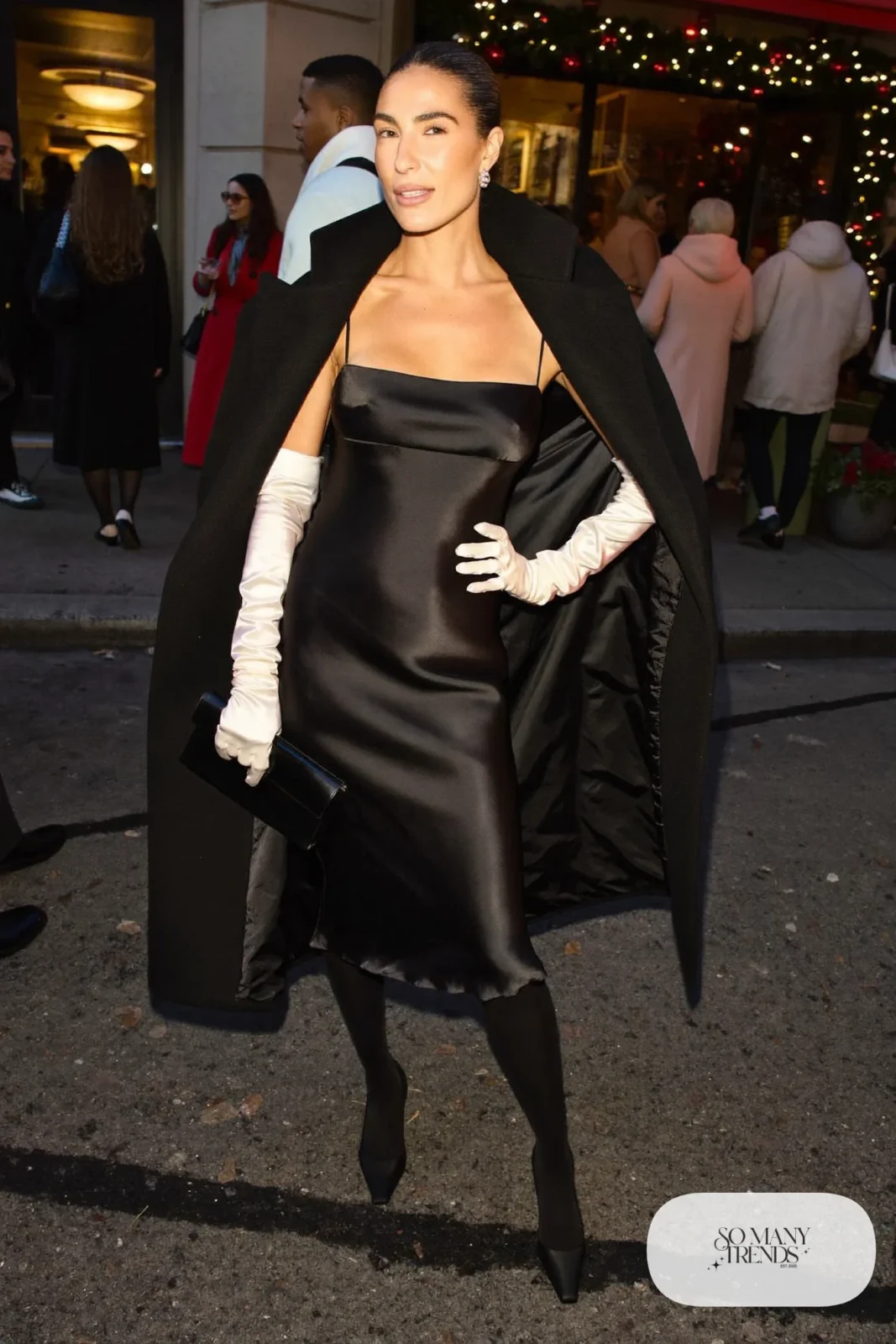 black satin slip midi dress ivory satin opera gloves long black coat black pumps clutch outfit 27