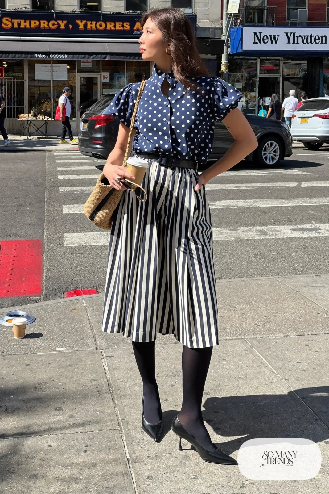 navy polka dot blouse black and white striped midi skirt black belt black flats outfit 7
