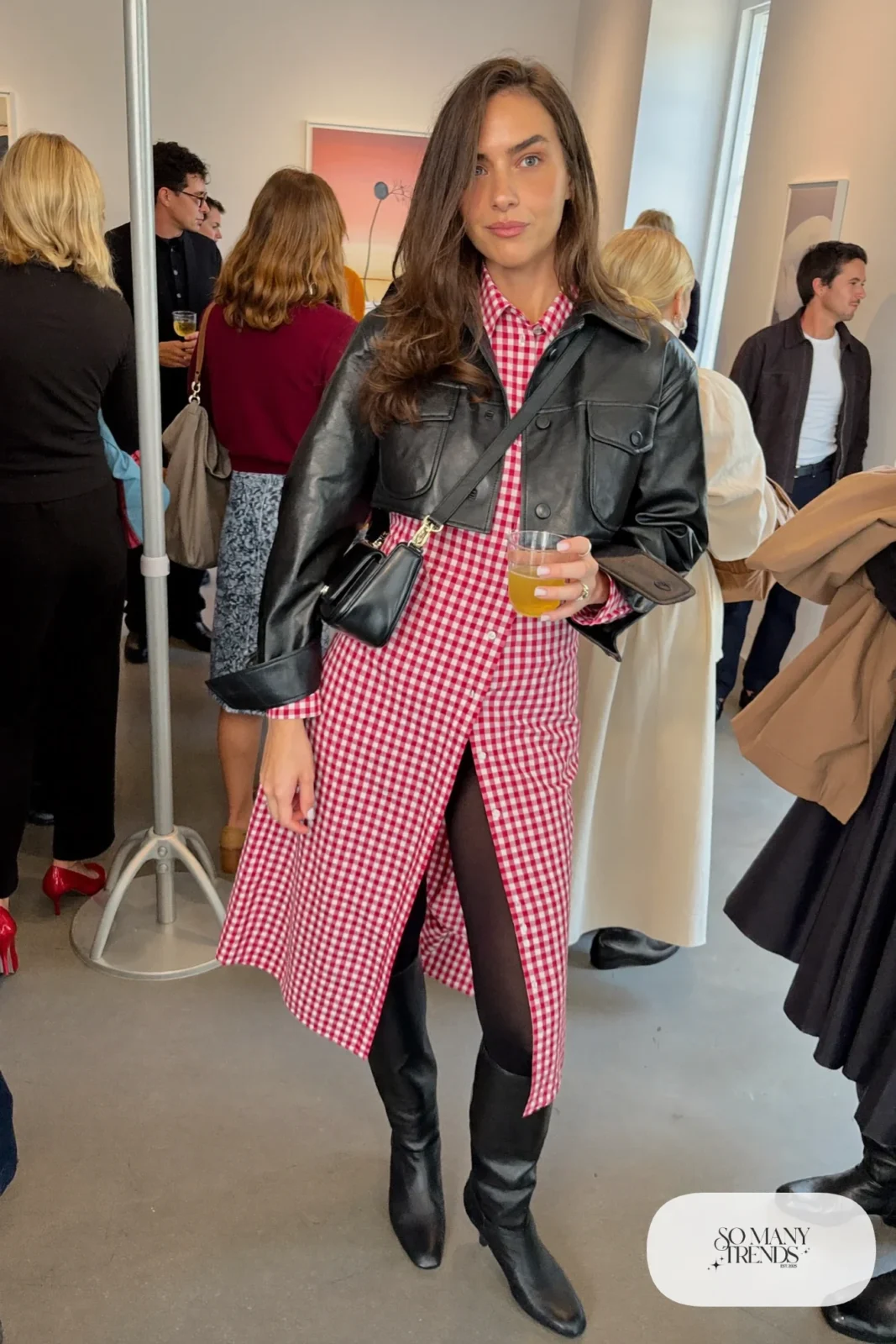red gingham midi dress black cropped faux leather jacket black ankle boots outfit 11