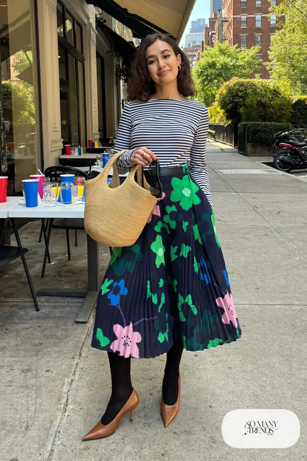navy striped breton top floral midi skirt tan ballet flats straw bag outfit 12