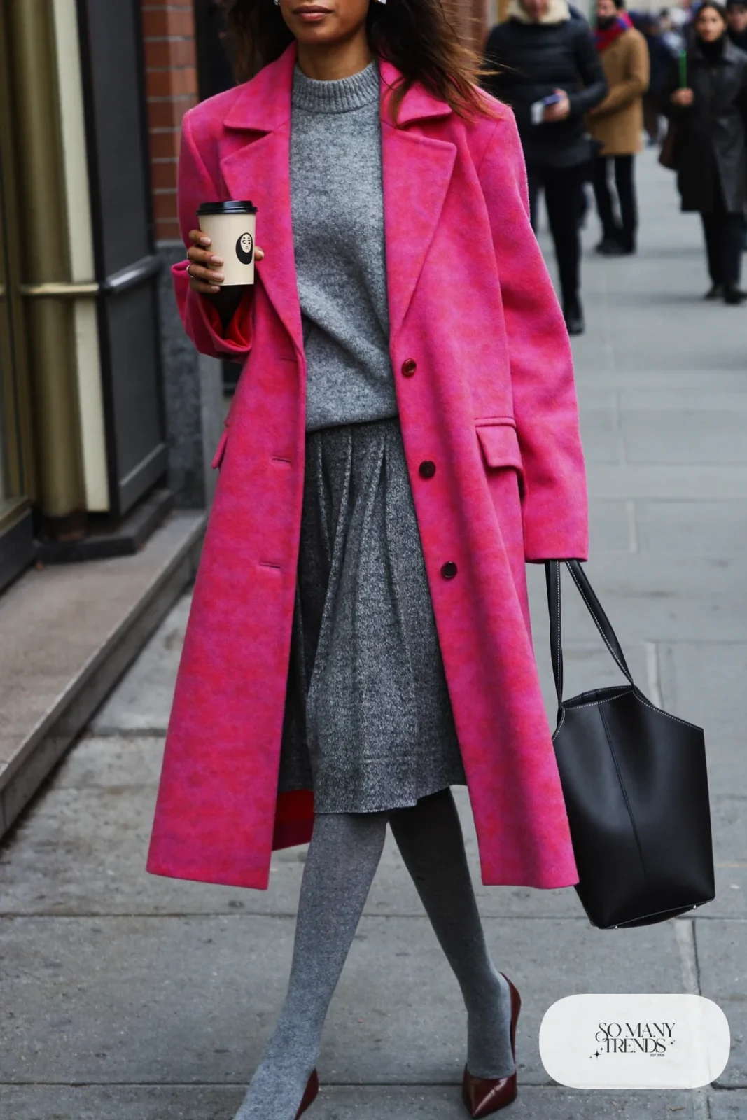 fuchsia pink oversized coat gray knit sweater gray pleated midi skirt black loafers outfit 14
