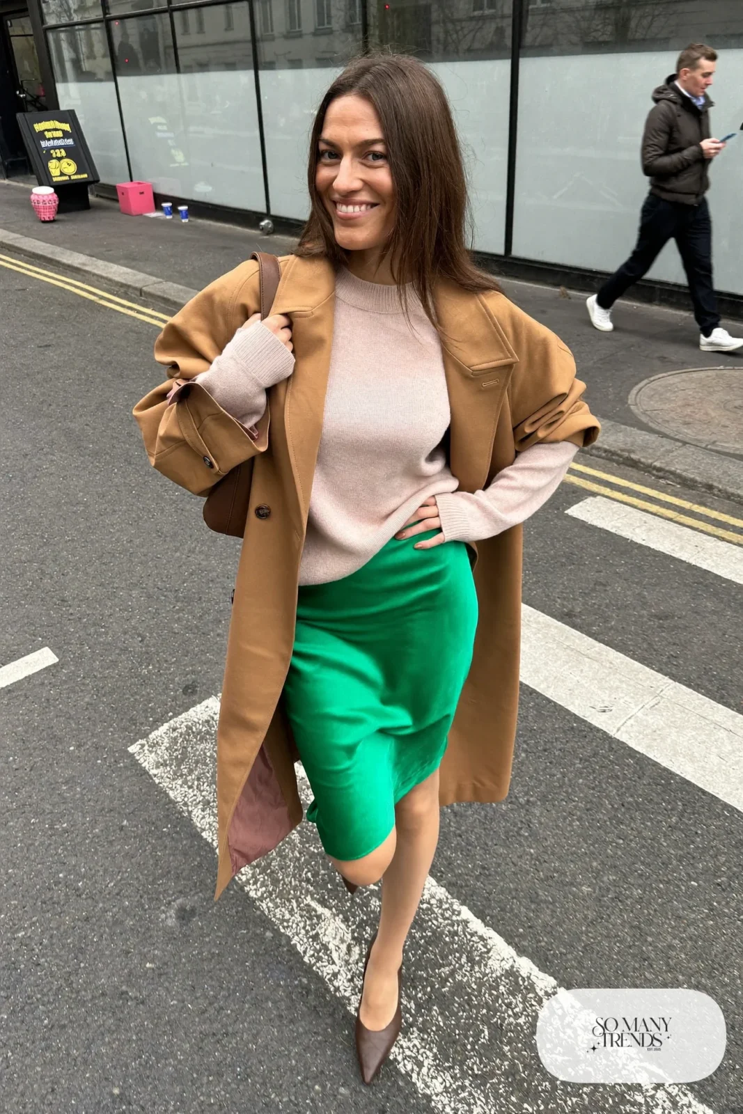 camel trench coat emerald green satin midi skirt cream sweater tall brown boots outfit 16