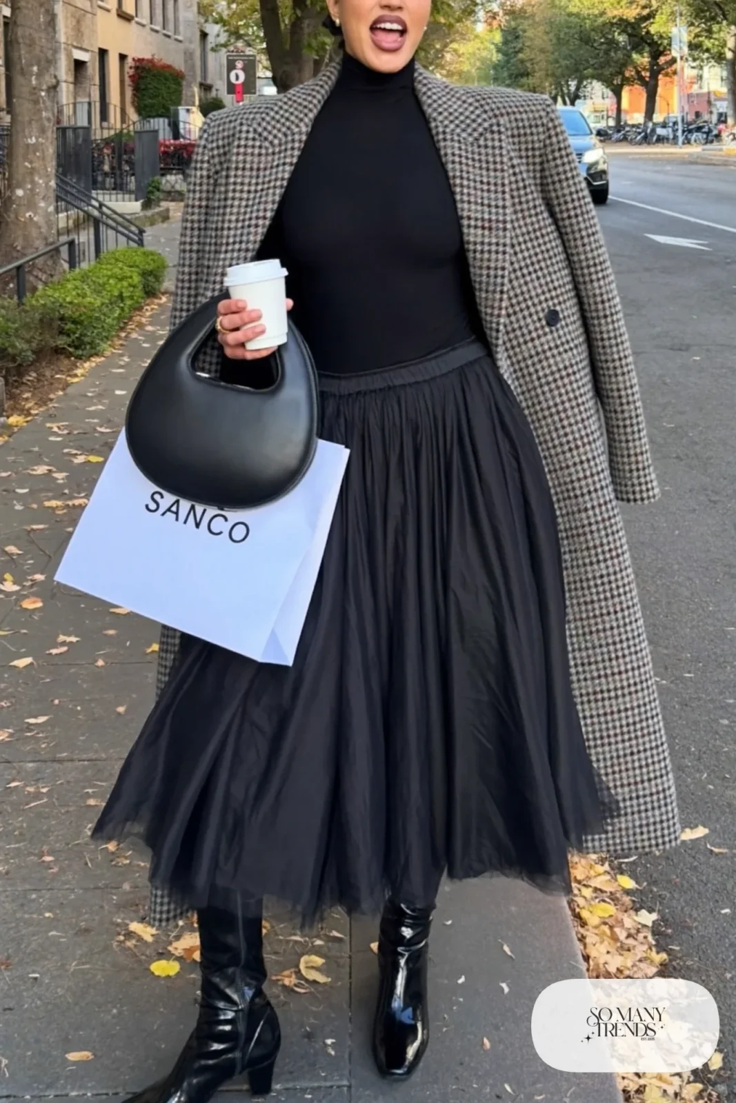 gray checked oversized wool coat black tulle midi skirt black turtleneck black ankle boots outfit 17