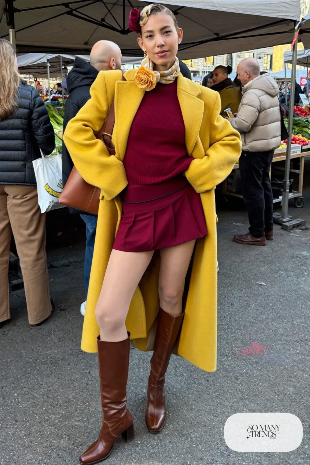 mustard yellow oversized coat burgundy knit sweater burgundy pleated skirt brown boots outfit 18