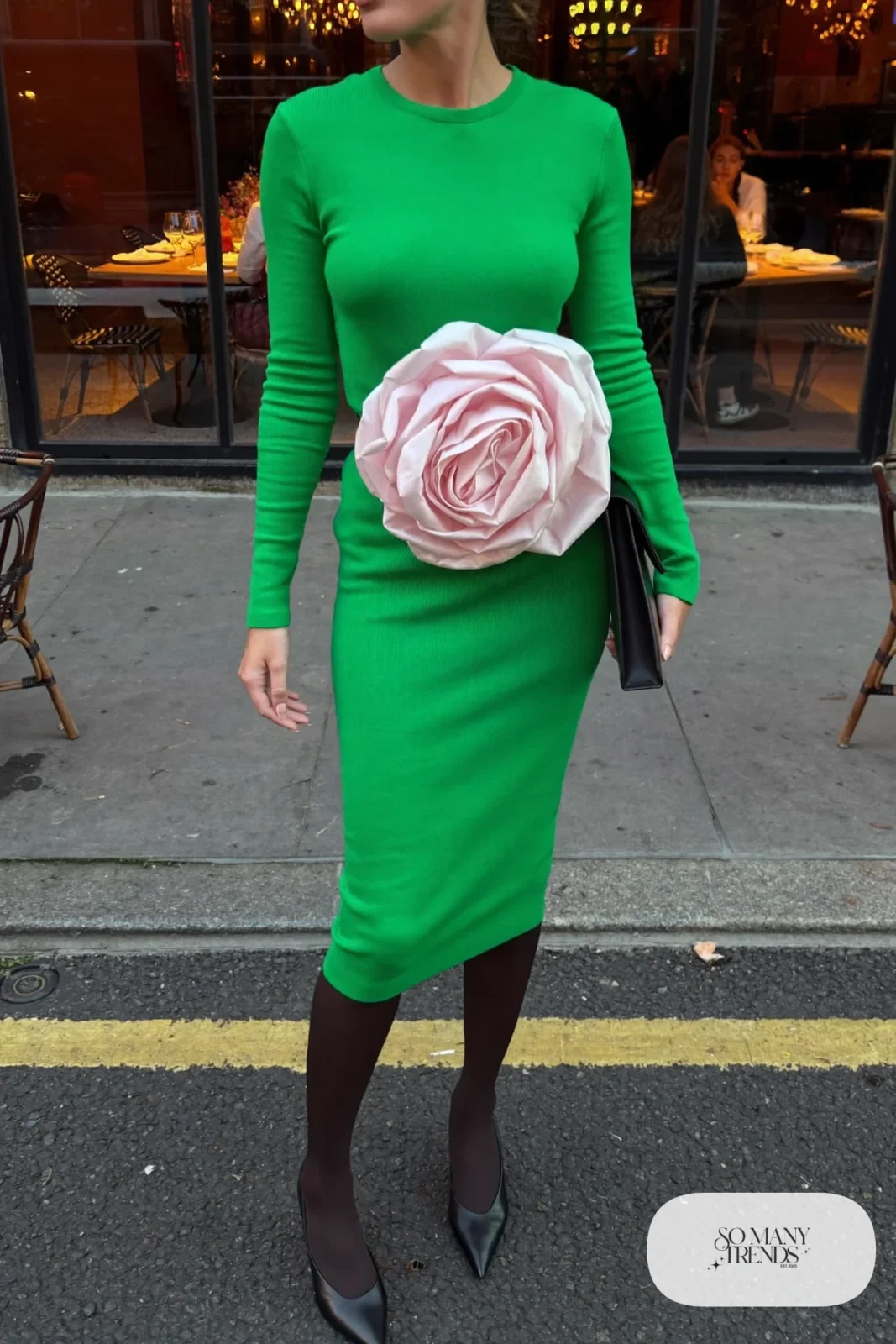 emerald green knit midi dress large pink fabric flower brooch black pumps black clutch outfit 20