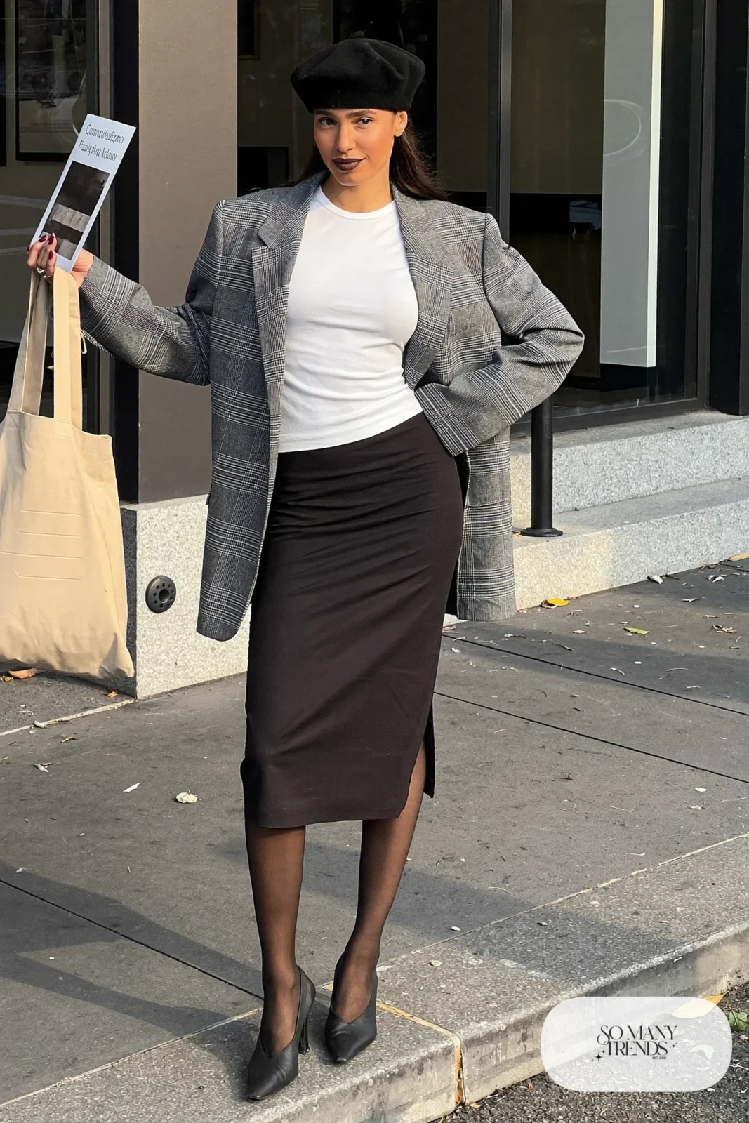 black wool beret oversized plaid blazer white tee black midi skirt black loafers outfit 21