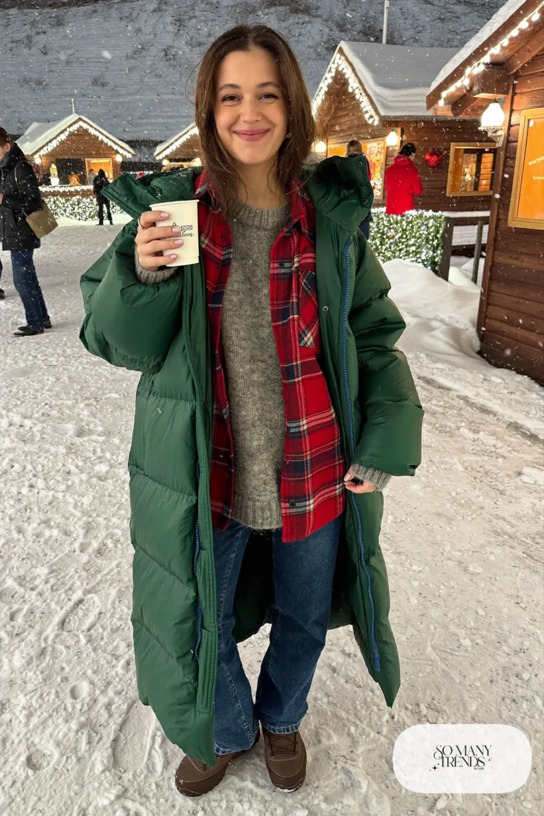 forest green long puffer coat plaid flannel shirt straight dark jeans winter boots christmas market outfit 3