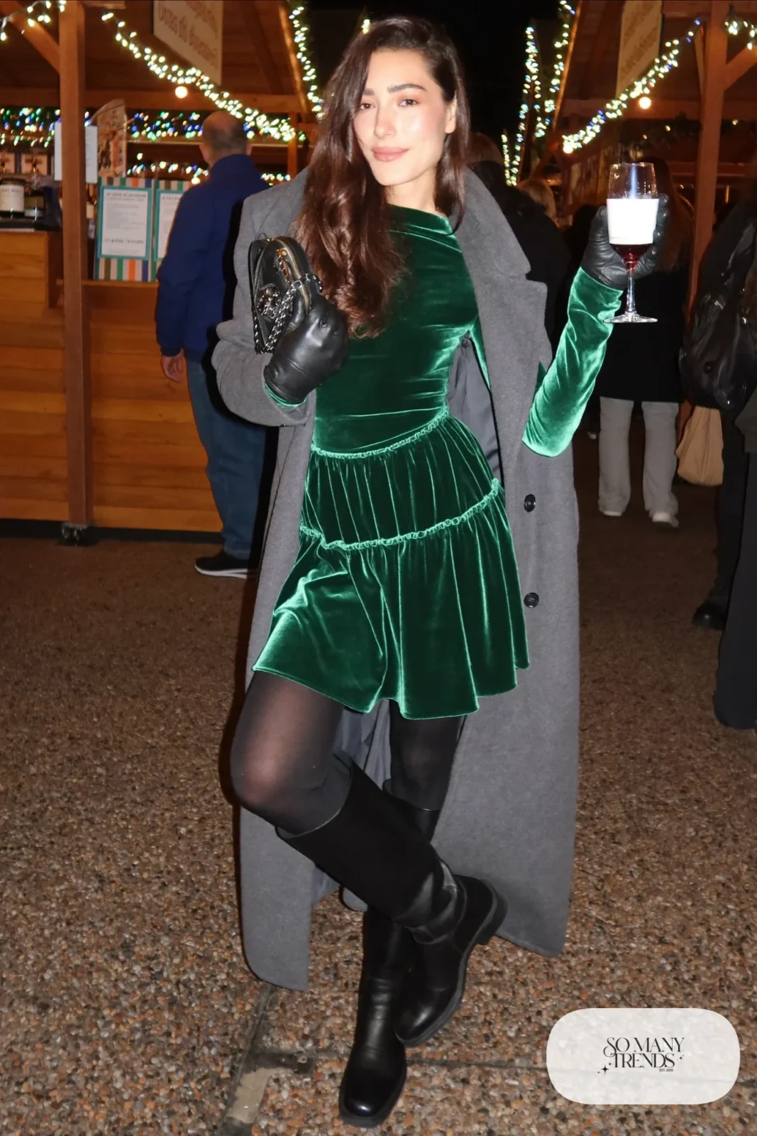 forest green velvet midi dress thick black tights knee-high boots gray wool coat christmas market outfit 8