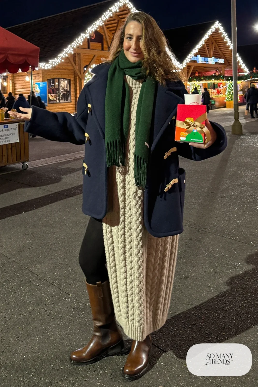 oatmeal cable knit maxi dress navy duffle coat green scarf brown leather boots christmas market outfit 10