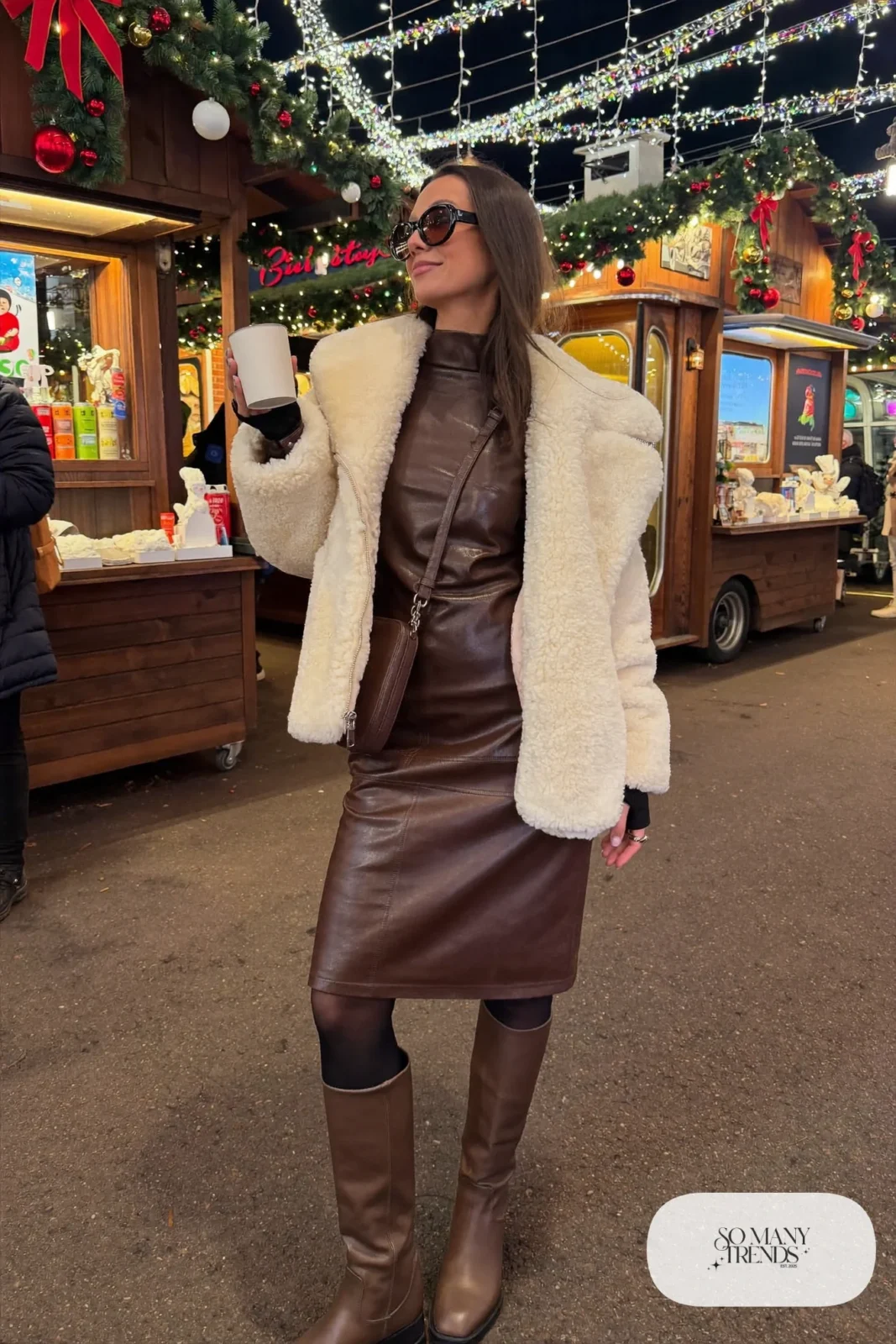 brown faux leather midi dress shearling jacket knee-high boots crossbody bag christmas market outfit 11