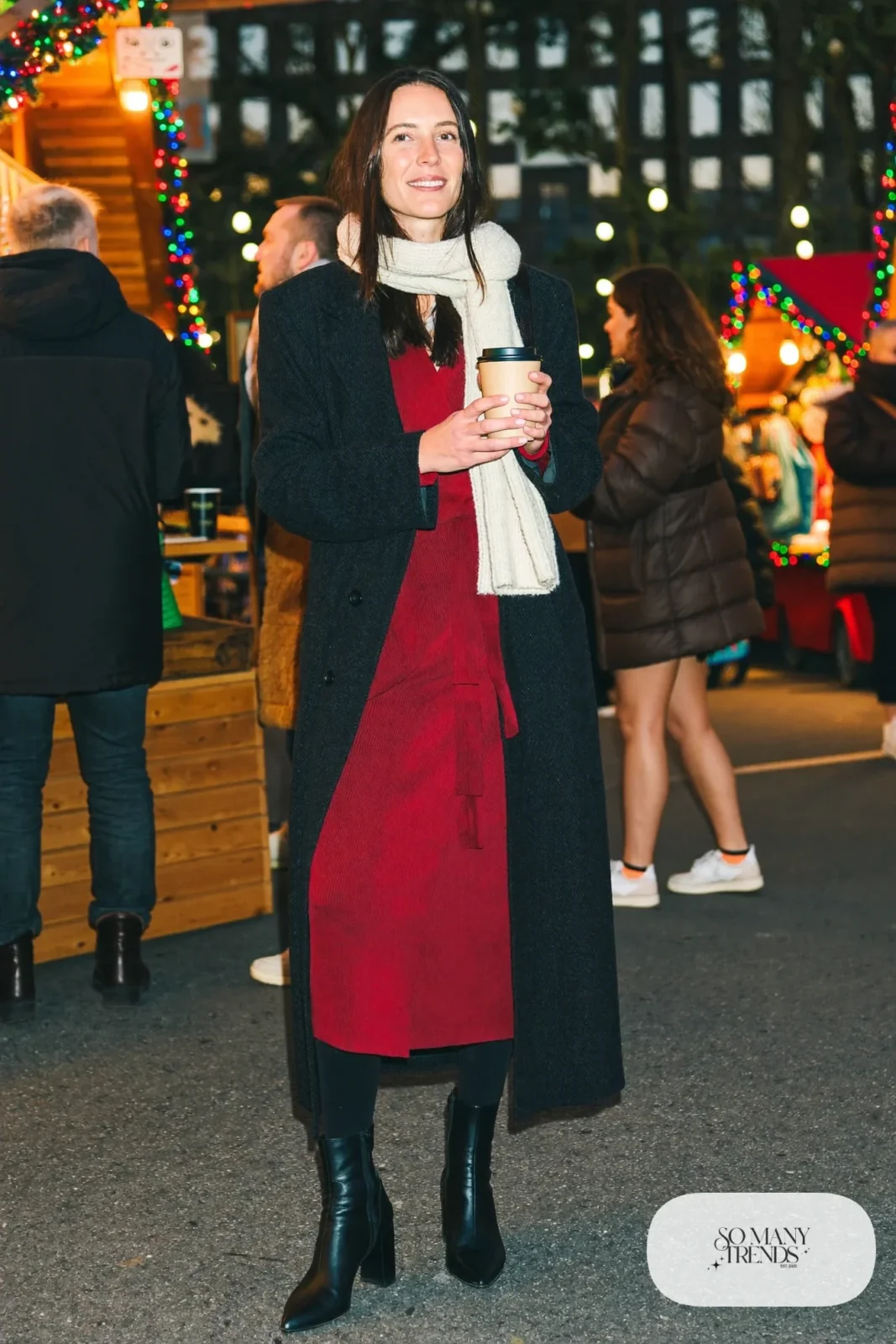 burgundy knit wrap dress black opaque tights block heel boots black wool coat cream scarf christmas market outfit 12