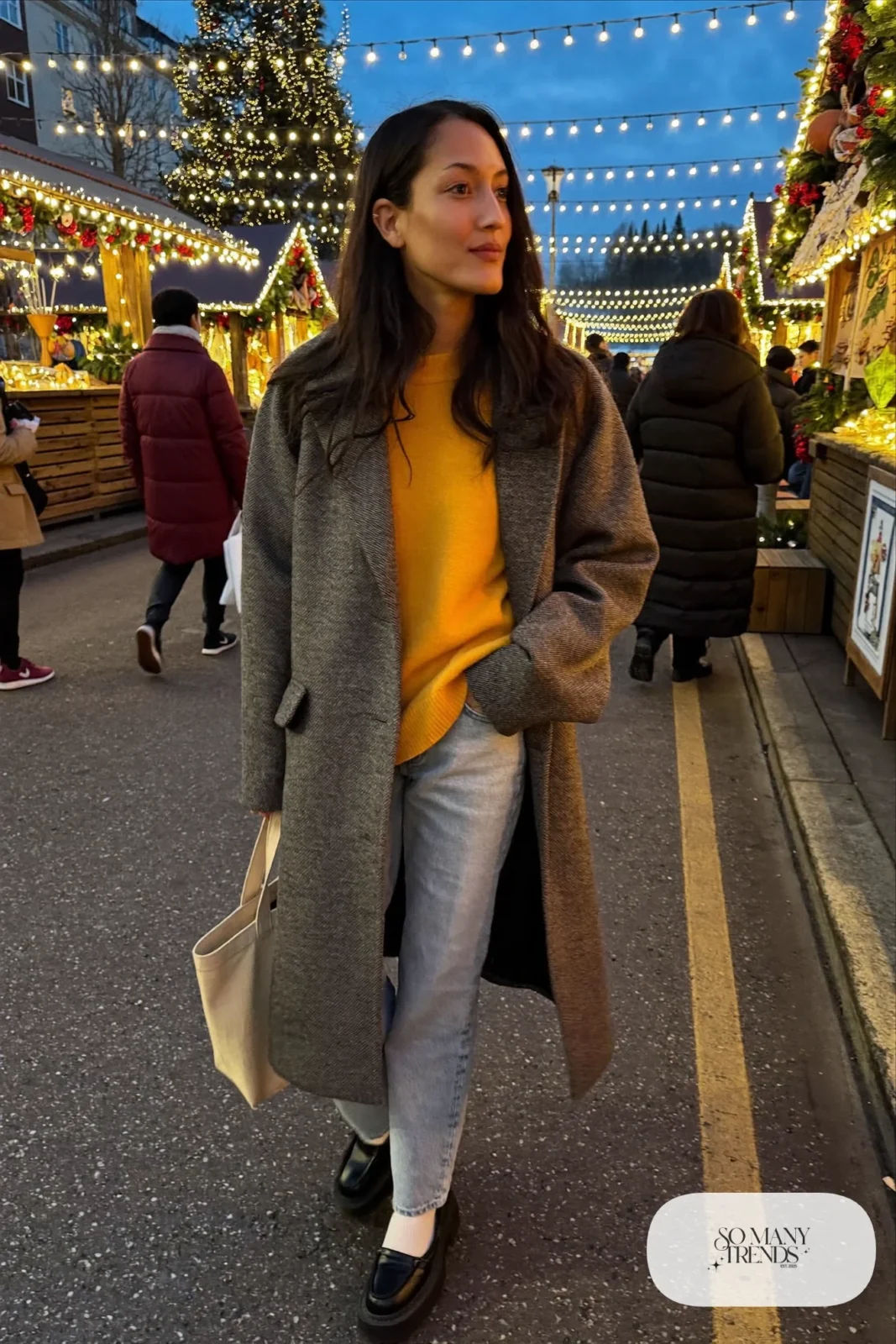 gray wool coat mustard sweater light-wash relaxed jeans chunky loafers christmas market outfit 14