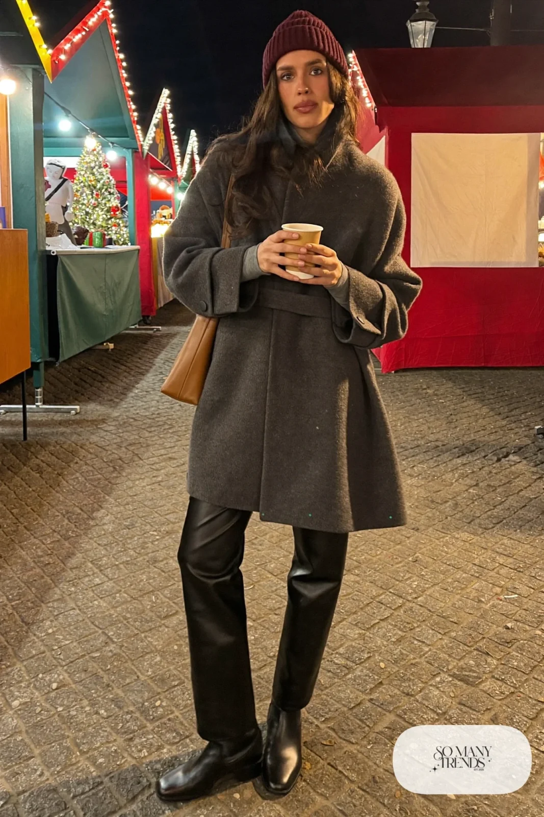 black faux leather straight pants gray turtleneck wool shacket black ankle boots burgundy beanie christmas market outfit 15
