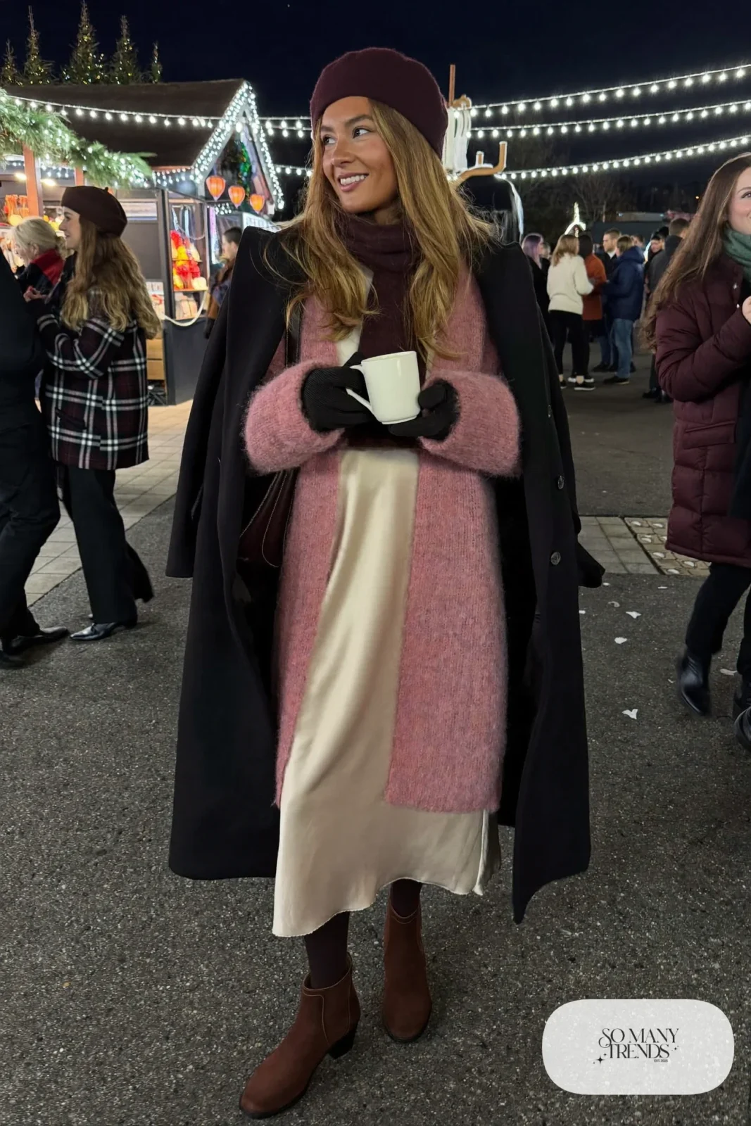 dusty rose mohair cardigan satin slip dress black tights chocolate ankle boots long coat christmas market outfit 18