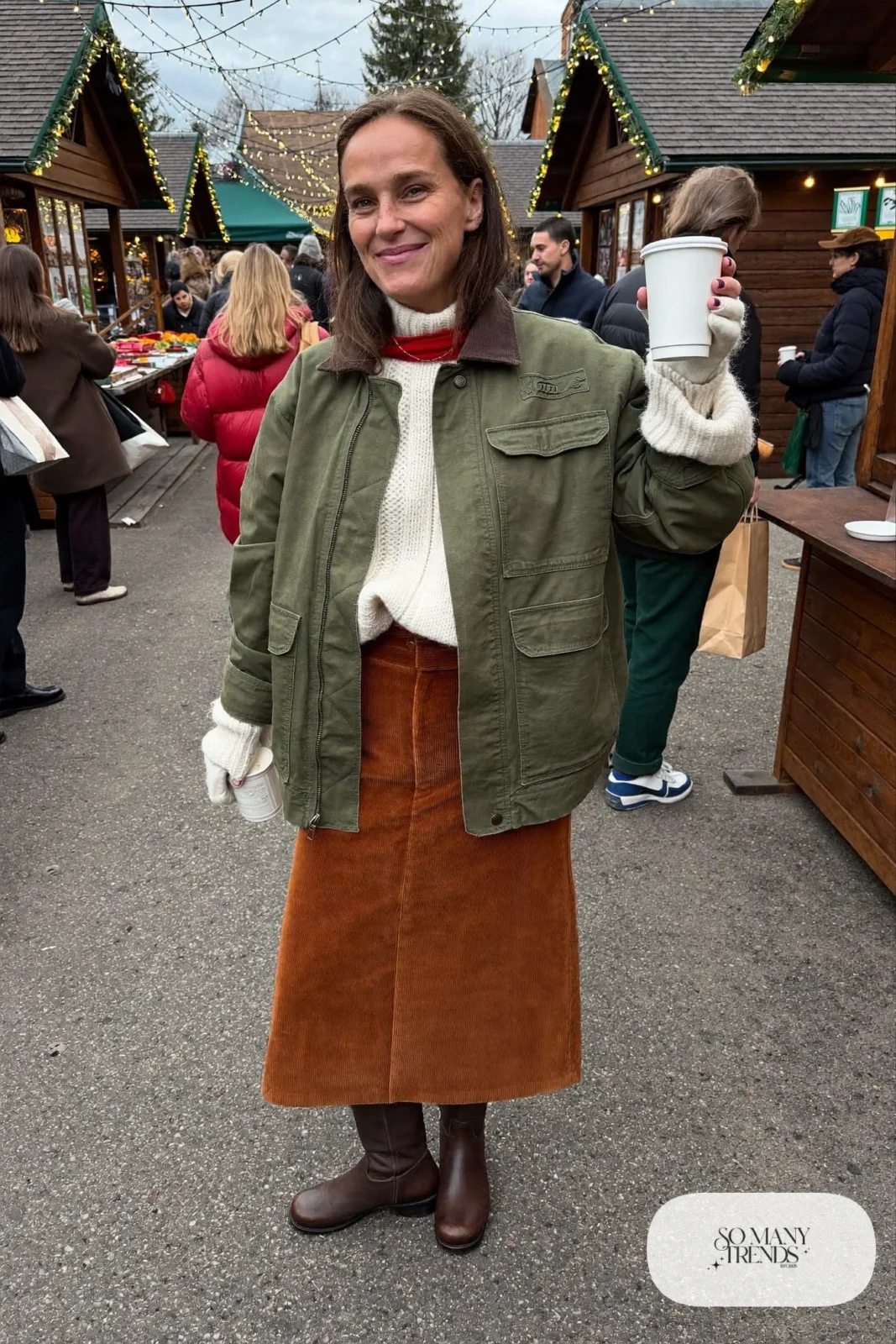 rust corduroy midi skirt cream fisherman sweater brown tights ankle boots olive barn jacket christmas market outfit 21