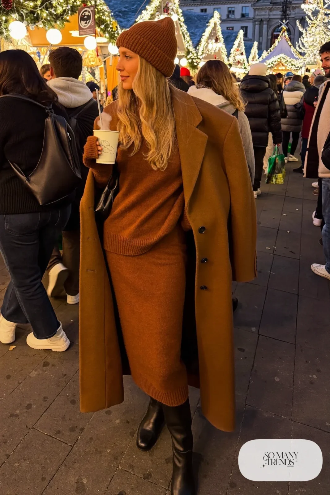 chocolate brown knit sweater and maxi skirt set camel coat tall boots christmas market outfit 23