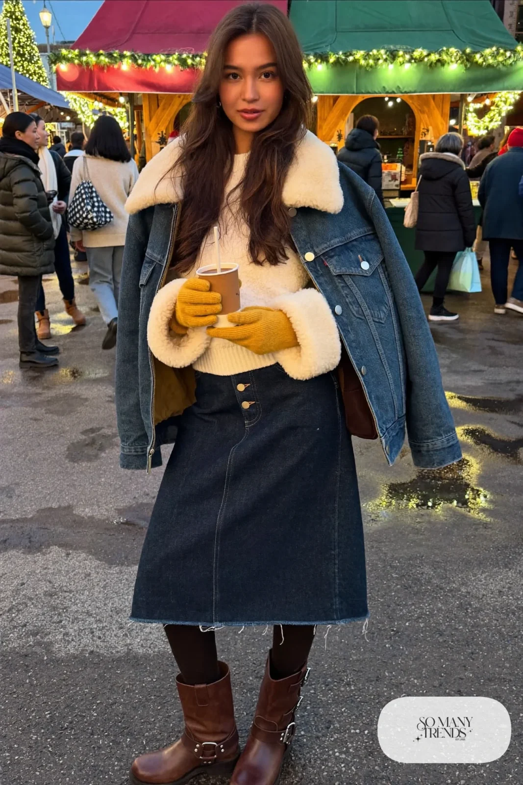 long dark denim skirt cream sweater black tights shearling-lined denim jacket brown boots christmas market outfit 24