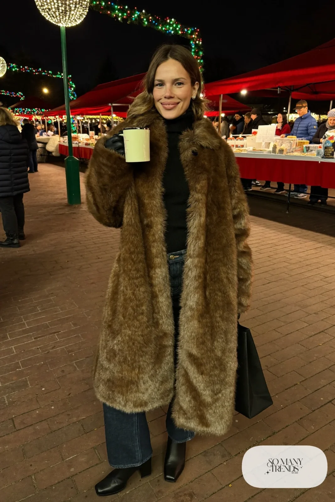 chocolate faux fur coat black turtleneck straight dark jeans block heel boots christmas market outfit 26