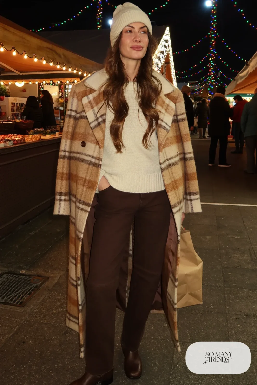 oversized plaid wool coat cream sweater dark pants leather ankle boots beanie christmas market outfit 27
