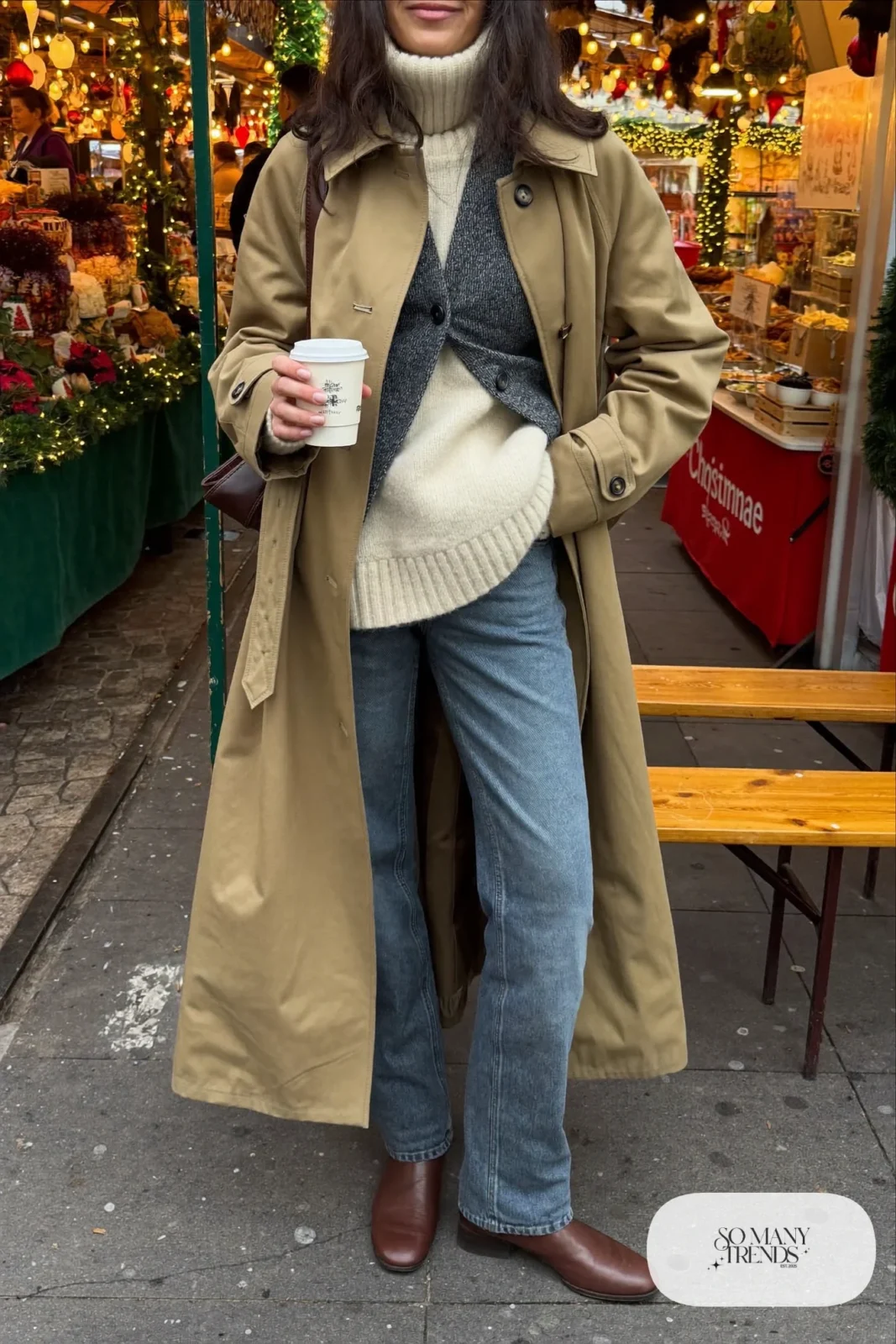 khaki lined trench coat chunky turtleneck knit vest jeans brown boots christmas market outfit 29