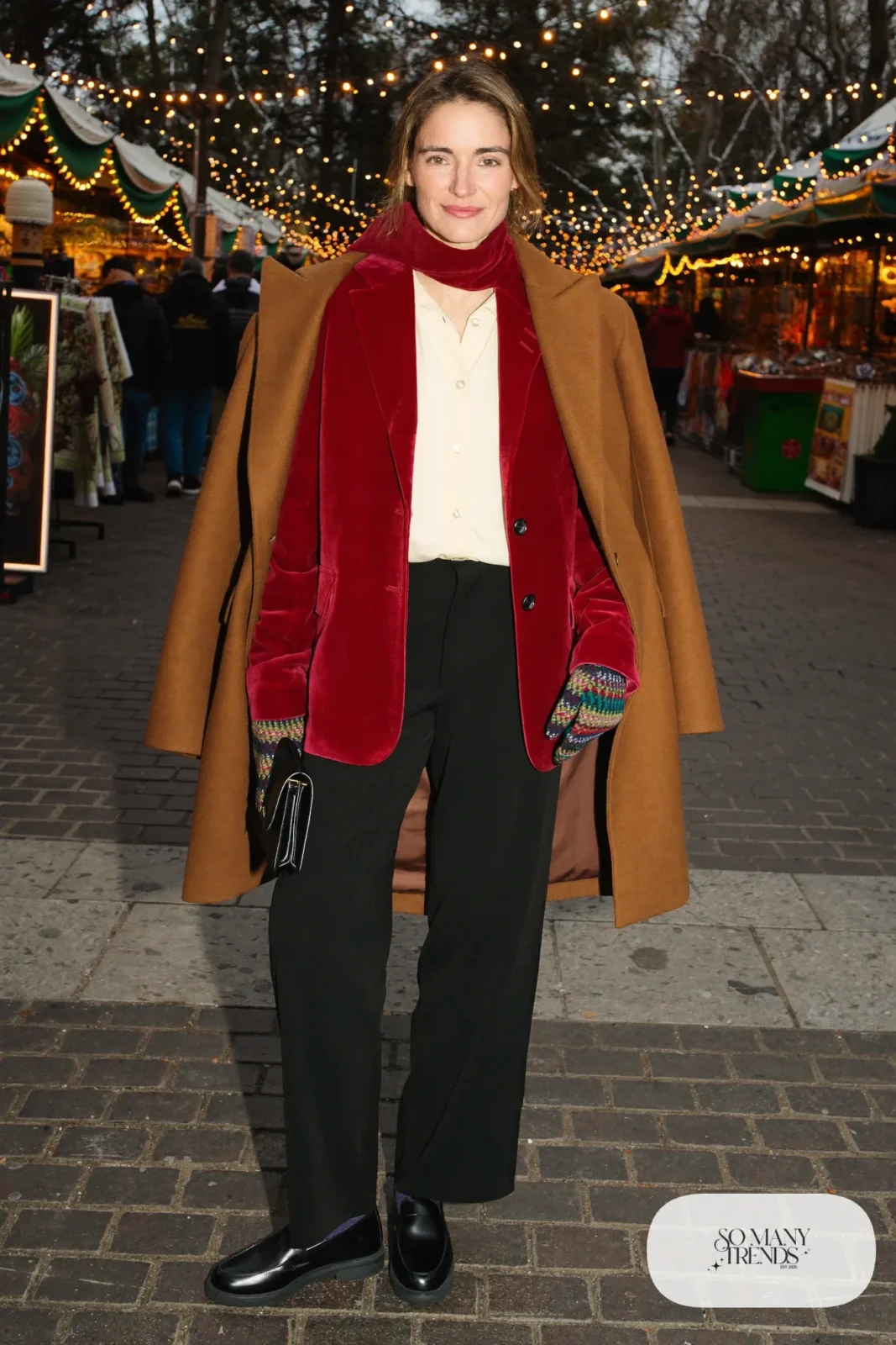 burgundy velvet blazer cream blouse black wide-leg pants camel coat loafers christmas market outfit 31