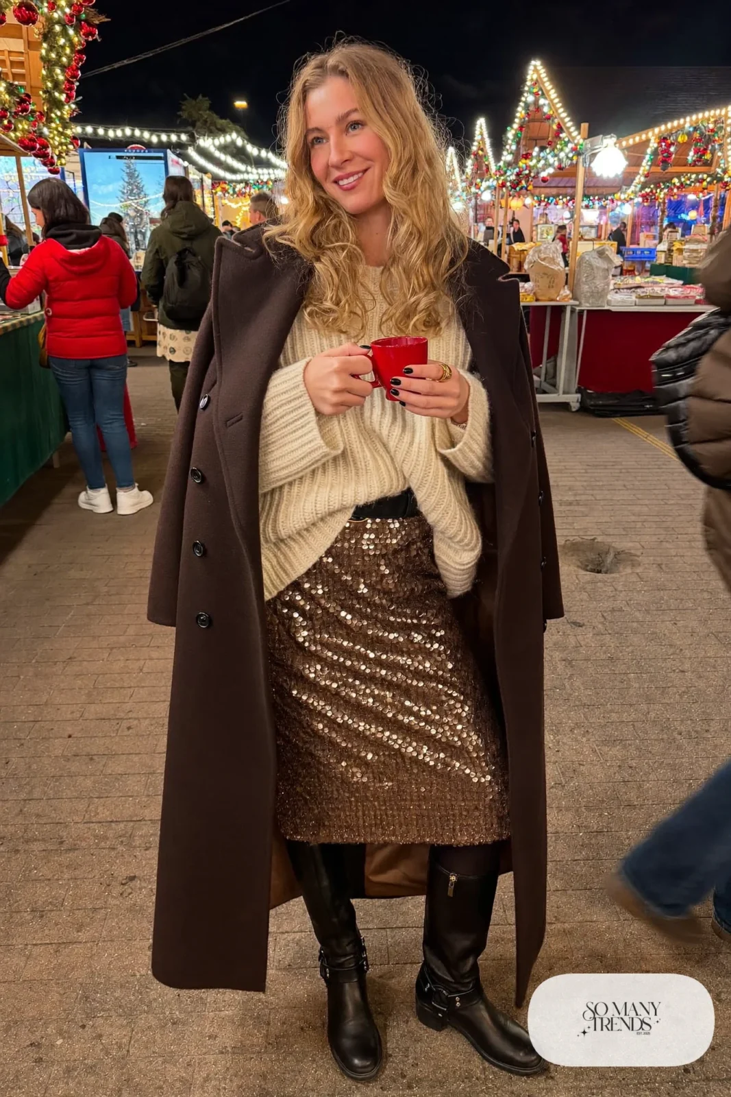 bronze sequin midi skirt chunky cream sweater black tights tall boots long black coat christmas market outfit 32
